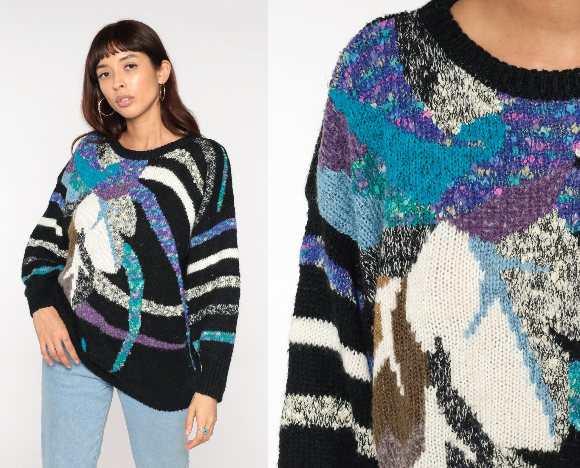80s Black Knit Sweater Abstract Striped Leaf Print Multicolor Large L