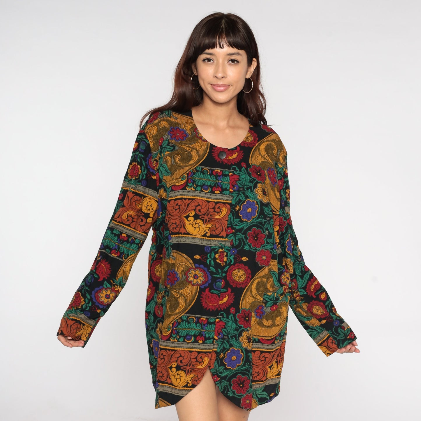 90s Dark Floral Rayon Blouse Long Sleeve Front Slit Tunic Large L