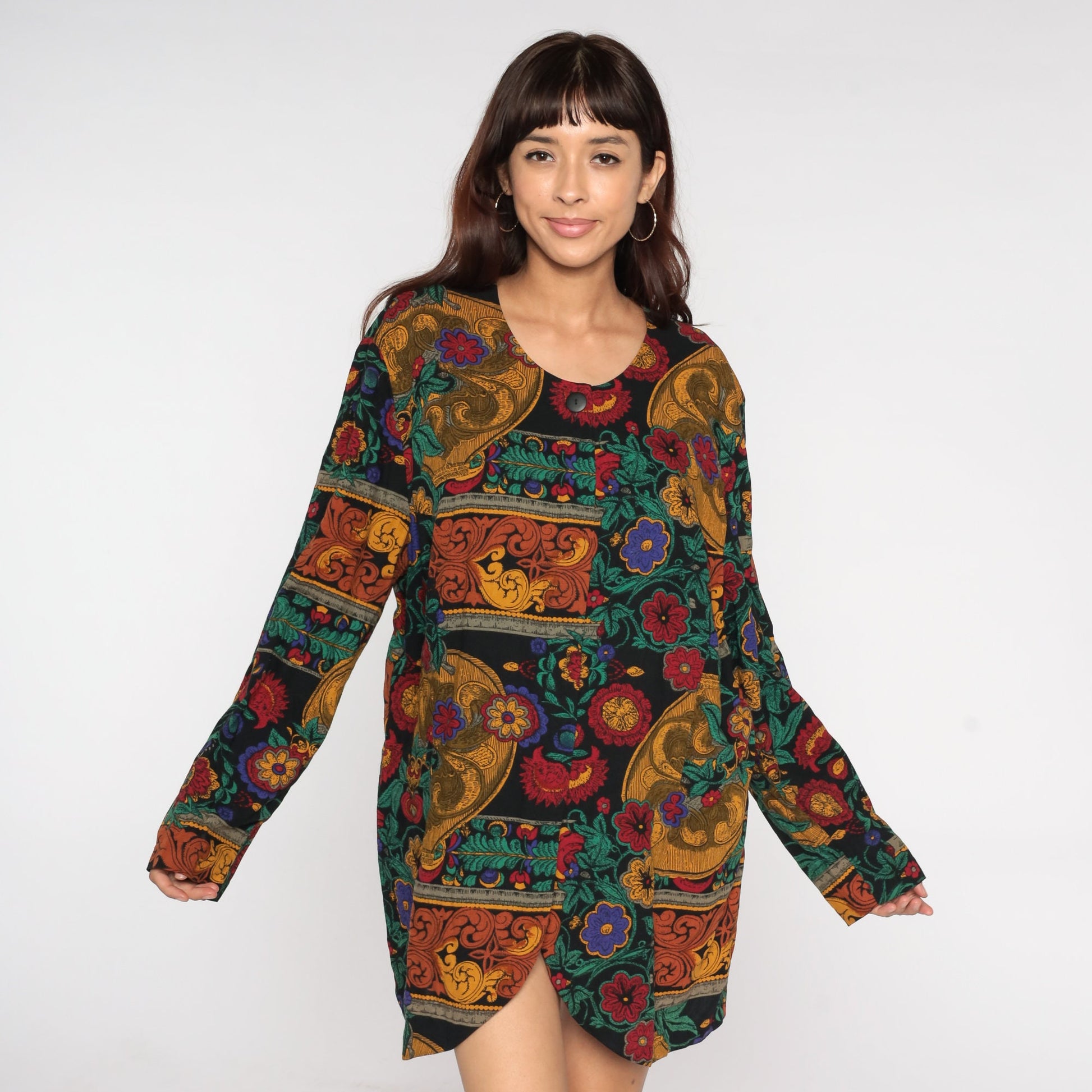 90s Dark Floral Rayon Blouse Long Sleeve Front Slit Tunic Large L