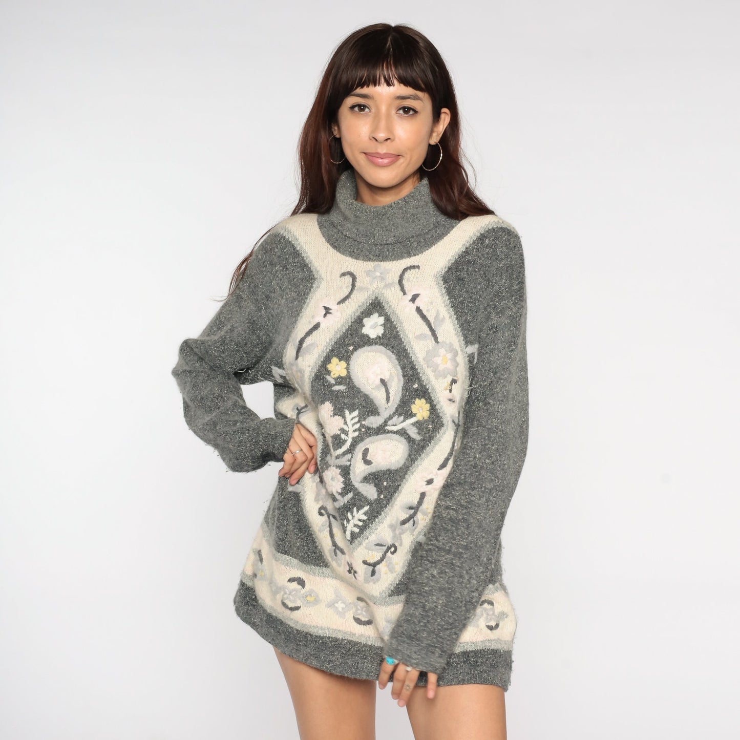 80s Grey Silk Turtleneck Sweater Paisley Floral Embroidered Knit Medium M