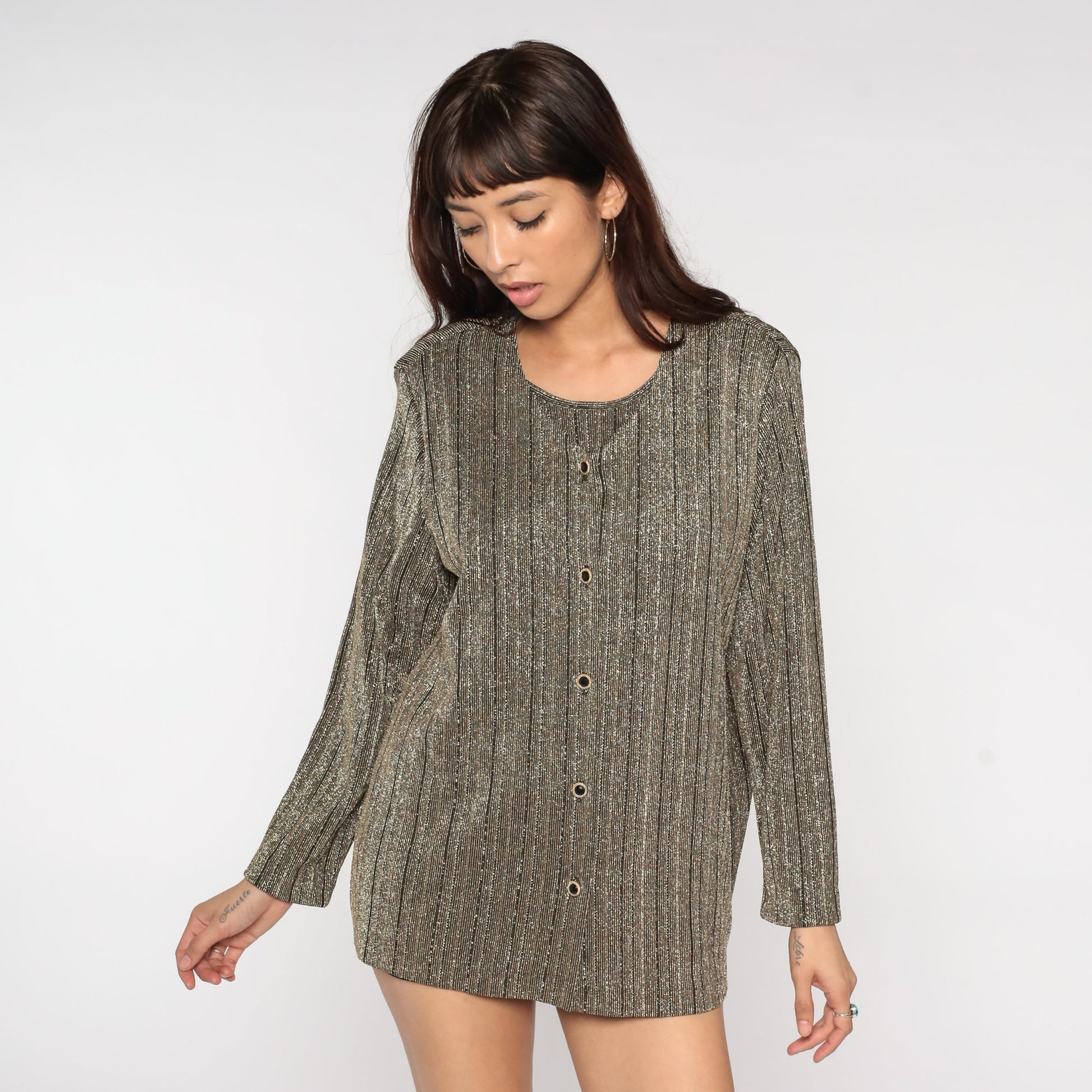 80s Metallic Bronze Cardigan Set Attached Blouse Sparkly Long Sleeve Button Up Large