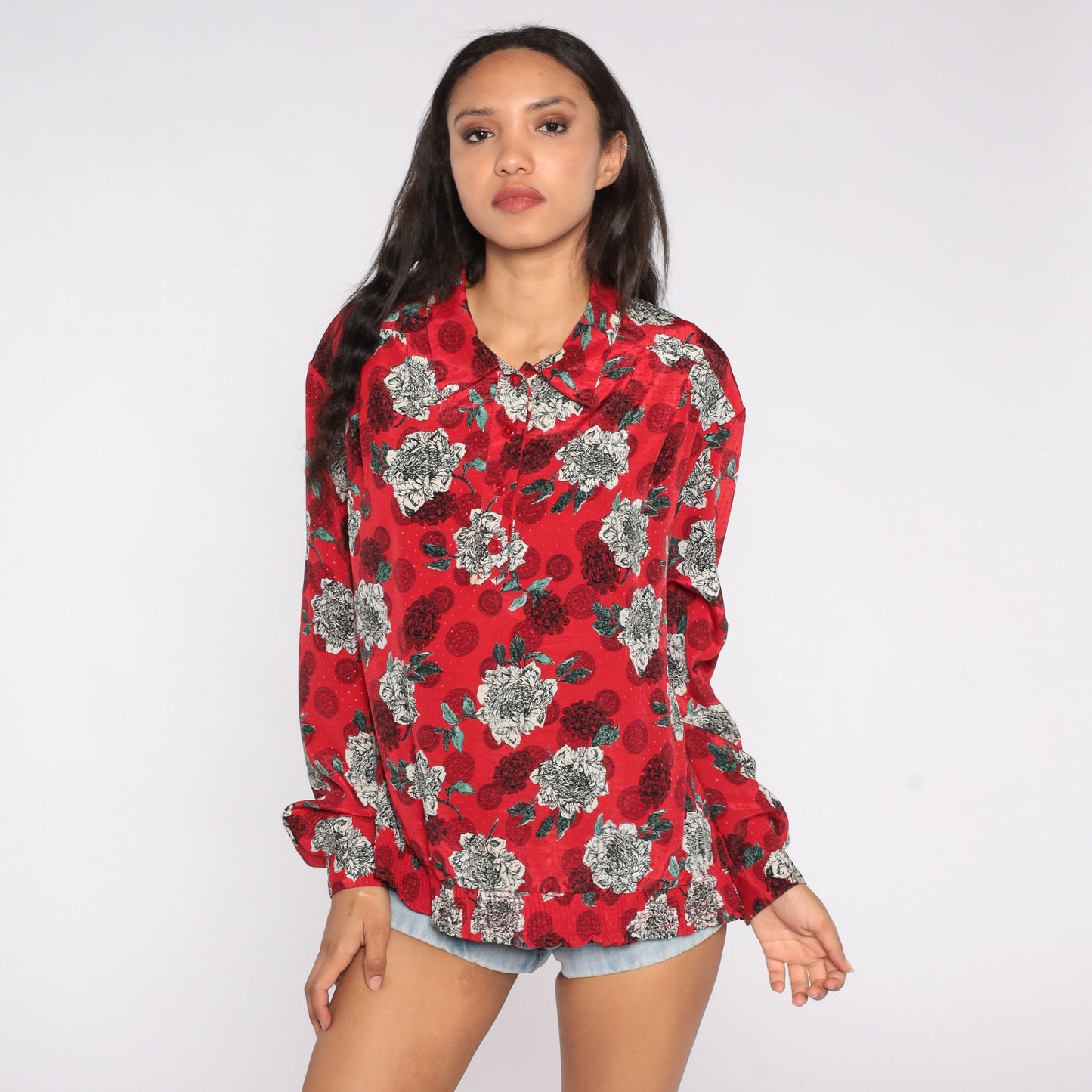 80s Red Floral Geometric Print Blouse Quarter Button Long Sleeve XXL
