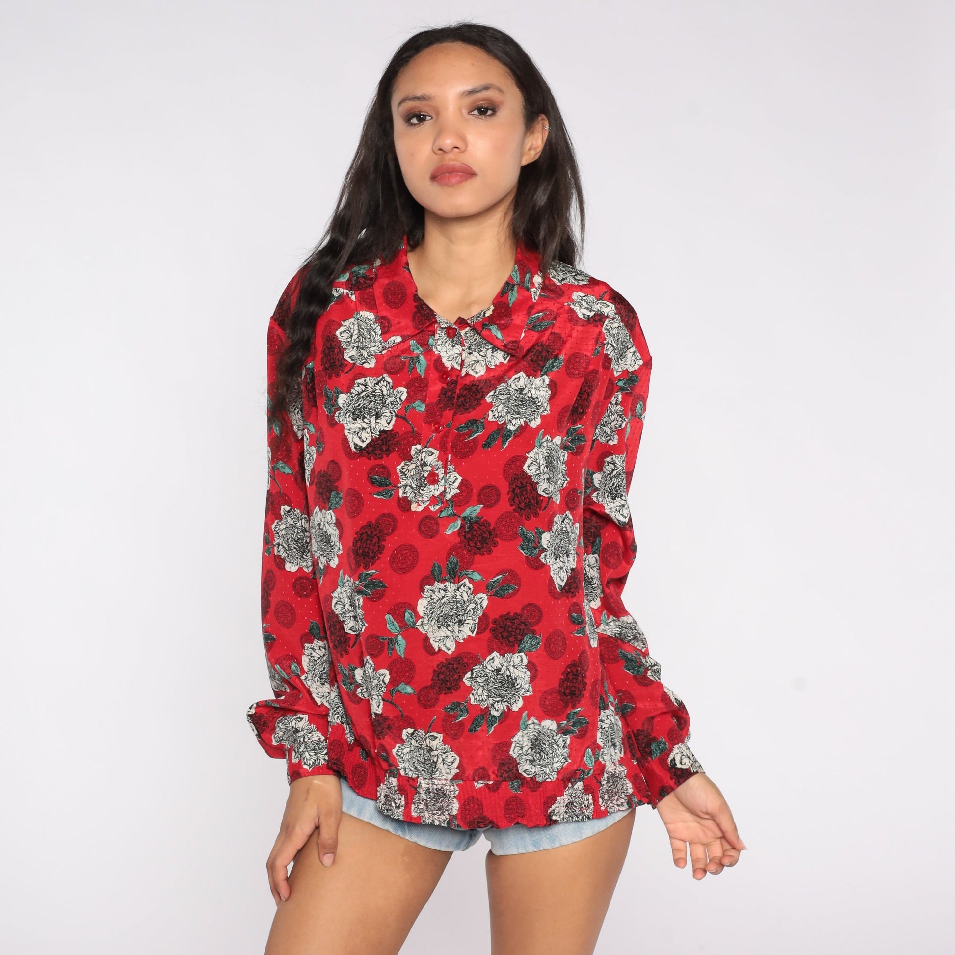 80s Red Floral Geometric Print Blouse Quarter Button Long Sleeve XXL