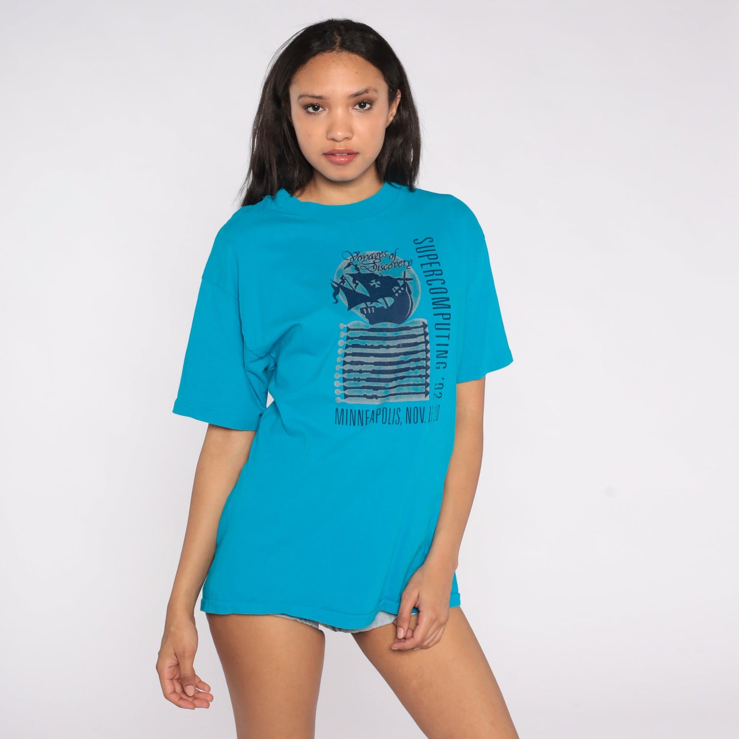 90s Minneapolis Supercomputing 1992 Voyages of Discovery Graphic Tee Blue Medium