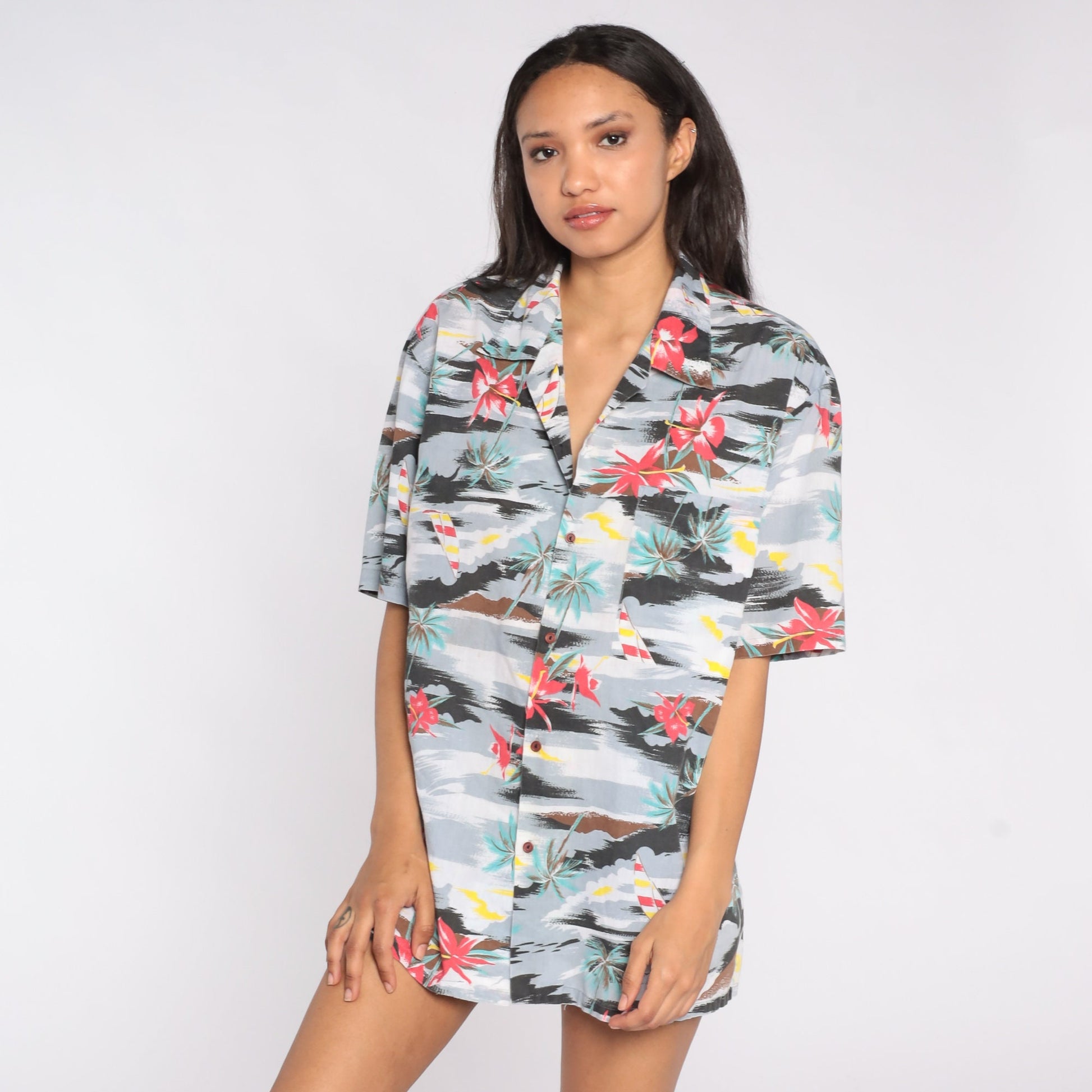 80s Hawaiian Shirt Grey Tropical Palm Tree Sailboat Button Up Men's Large