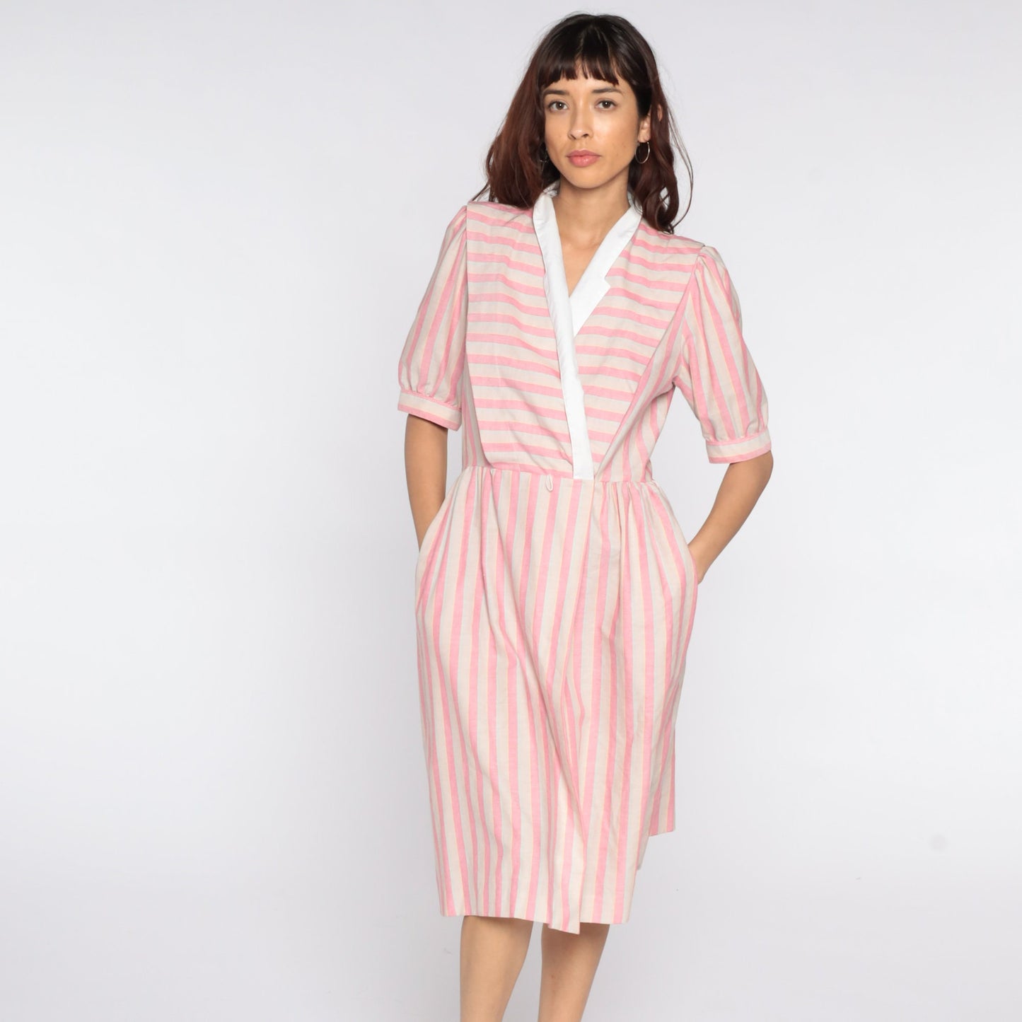 80s Pink Striped Midi Wrap Dress Puff Sleeve V-Neck Medium