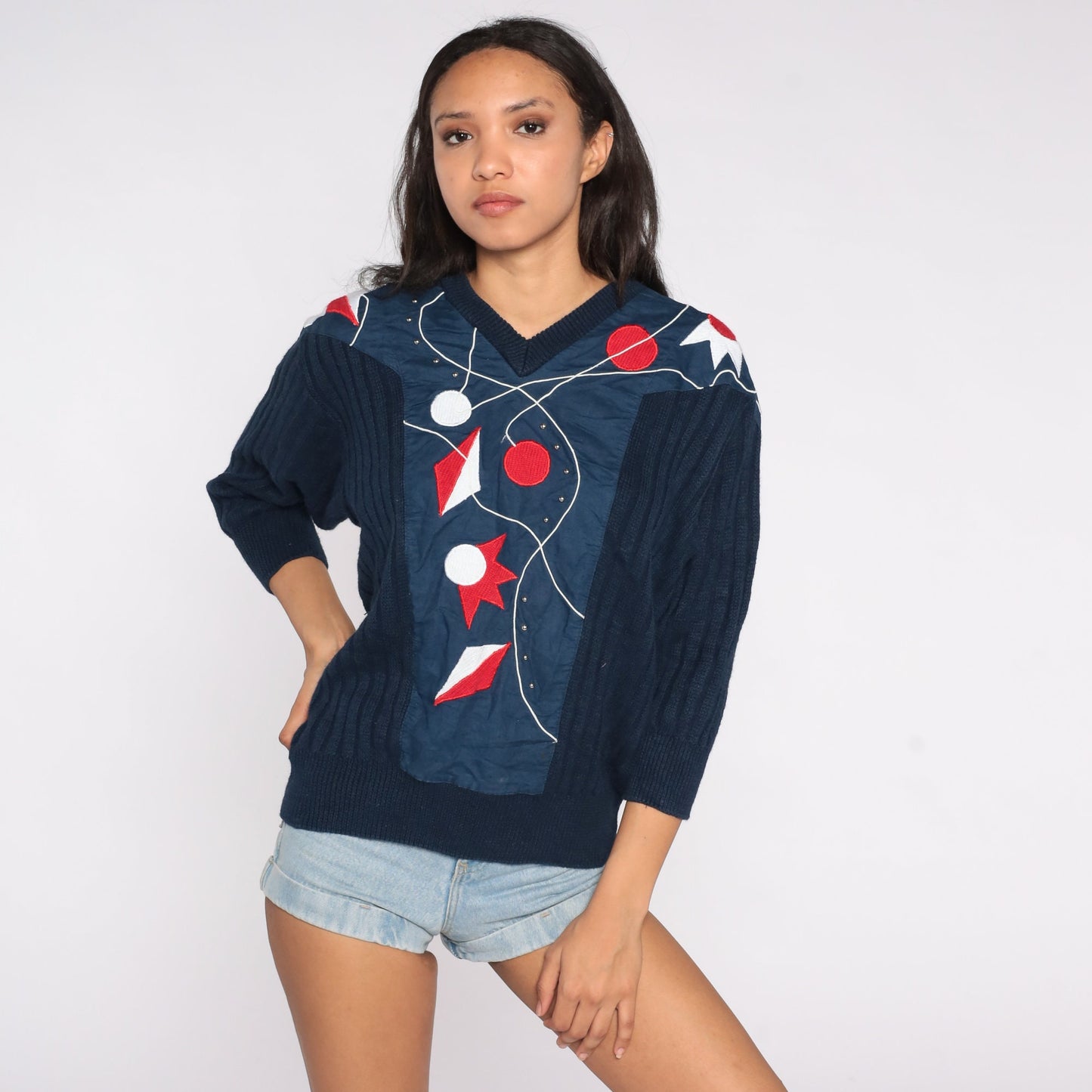 80s Navy Embroidered Abstract Geometric Sweater V-Neck Knit Pullover Medium