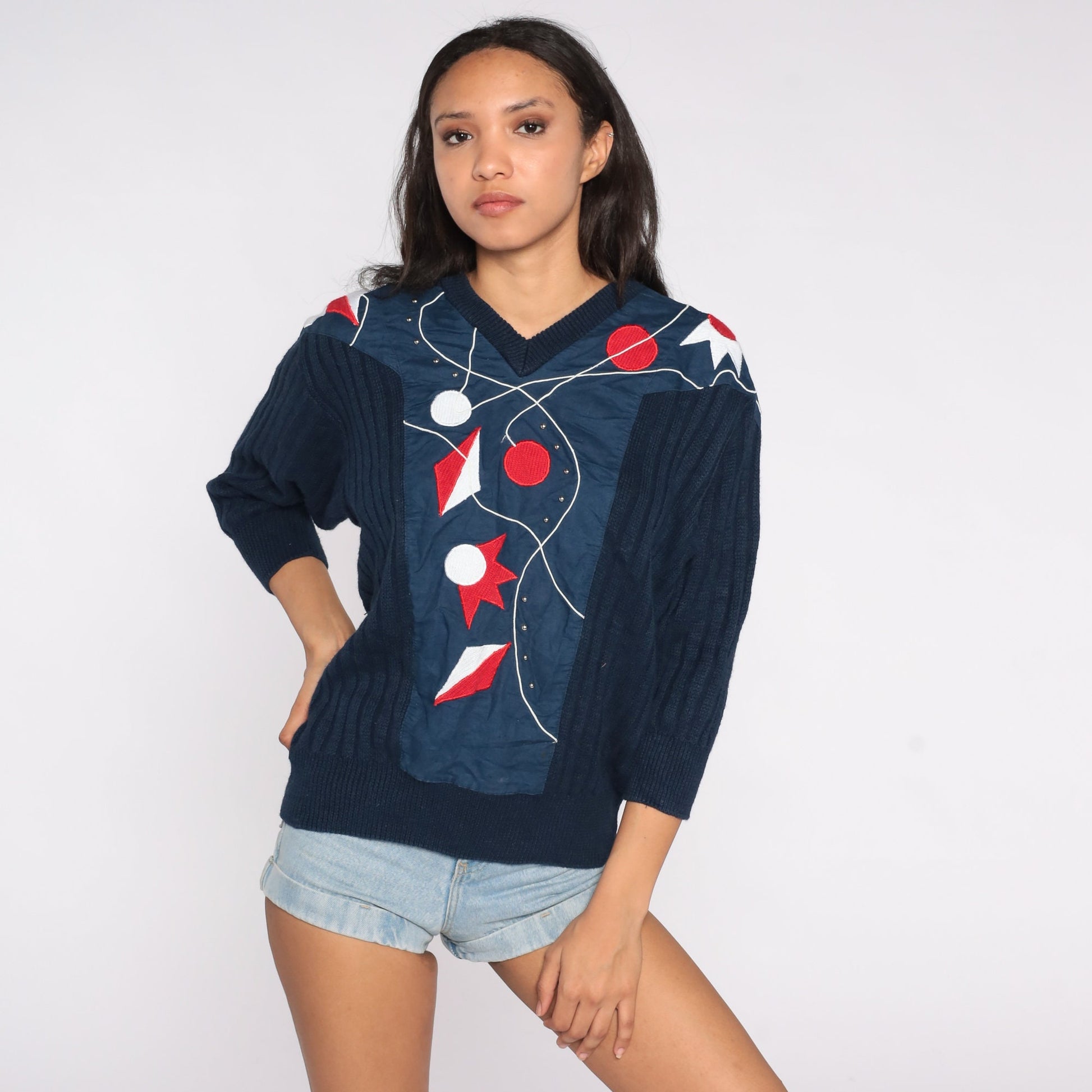 80s Navy Embroidered Abstract Geometric Sweater V-Neck Knit Pullover Medium
