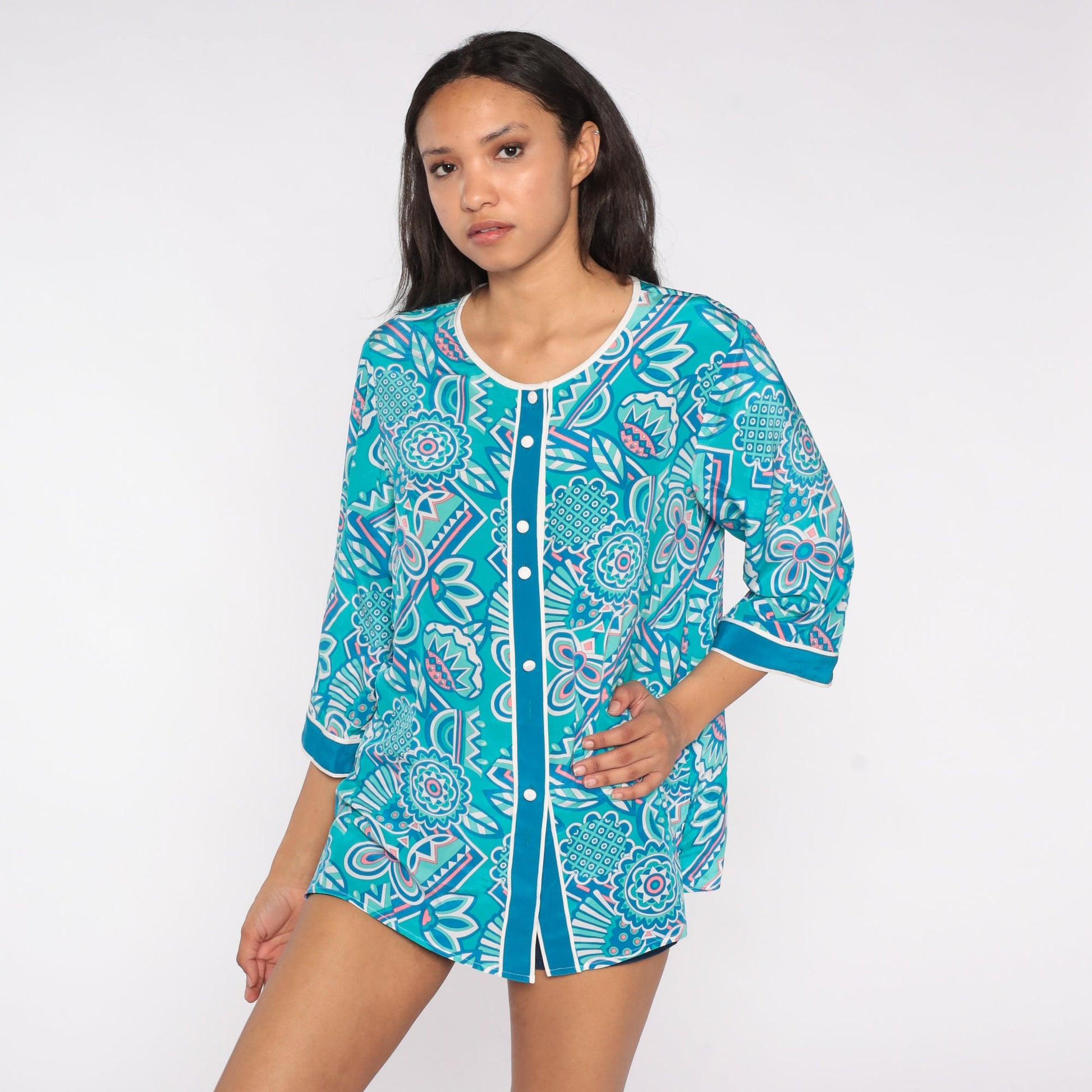 Bob Mackie Silk Floral Blouse 90s Blue Flower Print Button Up 3/4 Sleeve Medium M