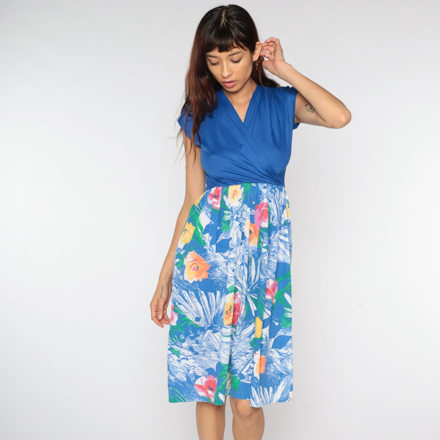 80s Floral Midi Wrap Dress Blue Cap Sleeve High Waist Small