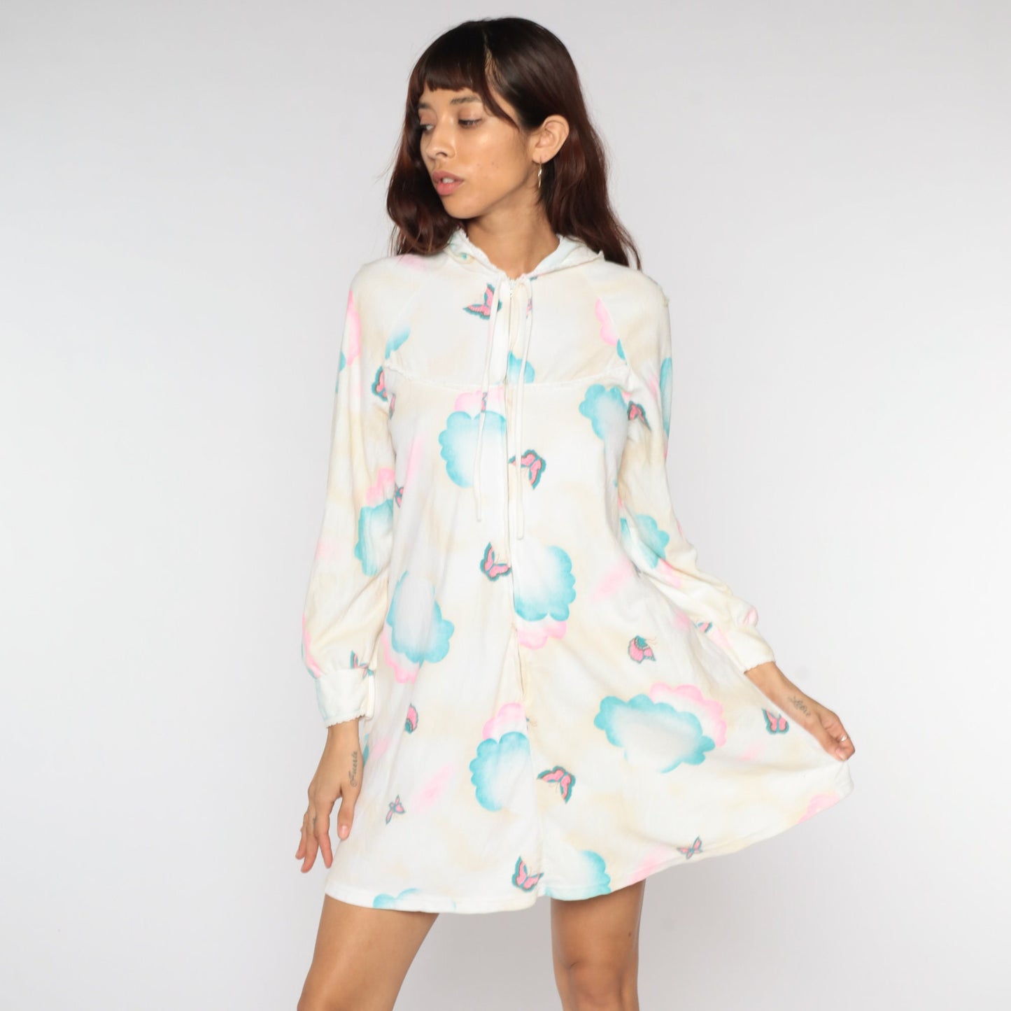 70s Hooded Lounge Dress Mini Butterfly Cloud Print Shift Beige White Small