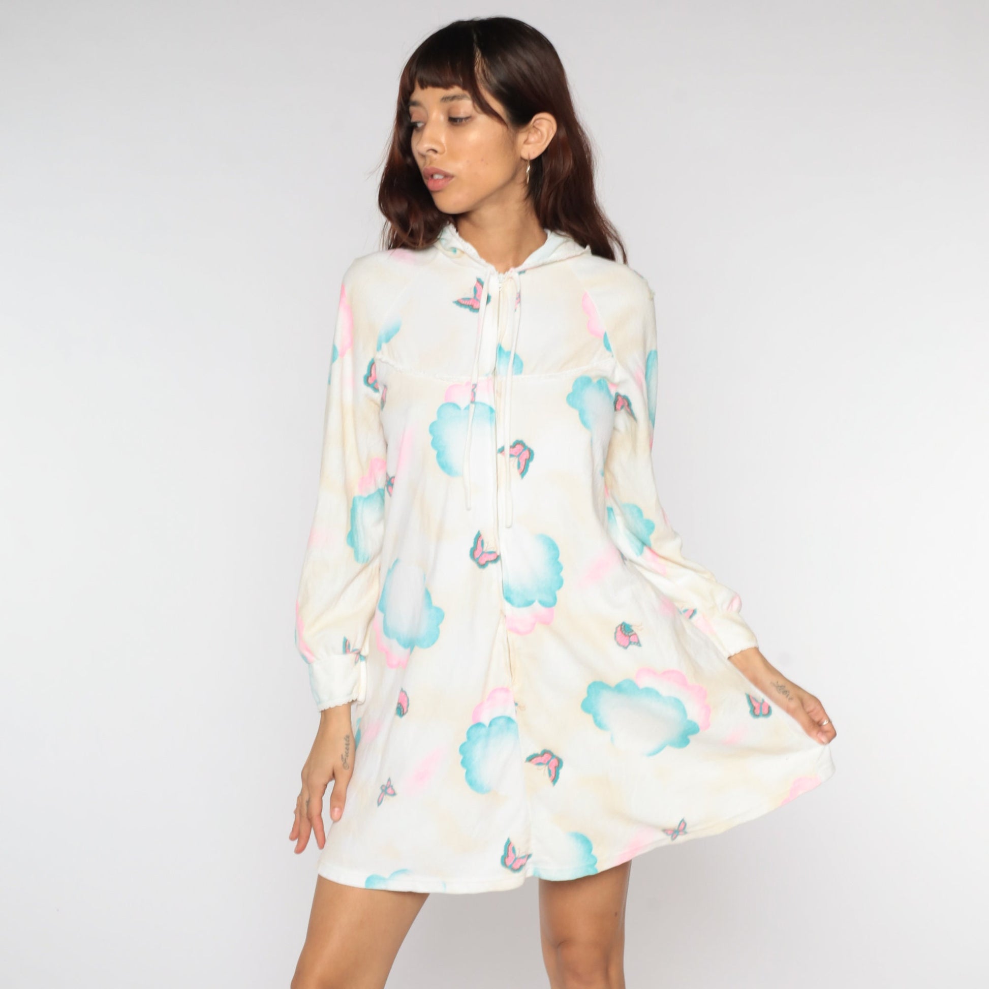 70s Hooded Lounge Dress Mini Butterfly Cloud Print Shift Beige White Small
