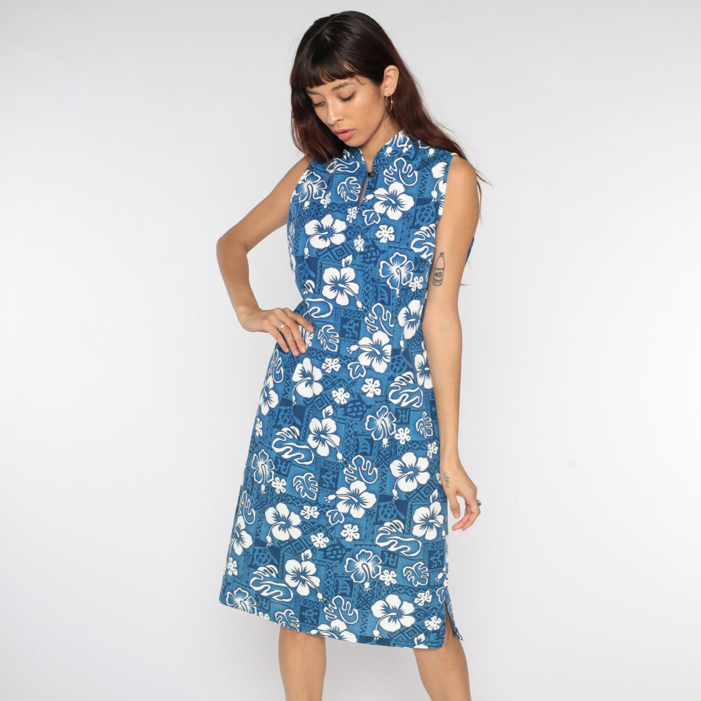 90s Hawaiian Floral Midi Dress Blue Tropical Shift Sleeveless Large