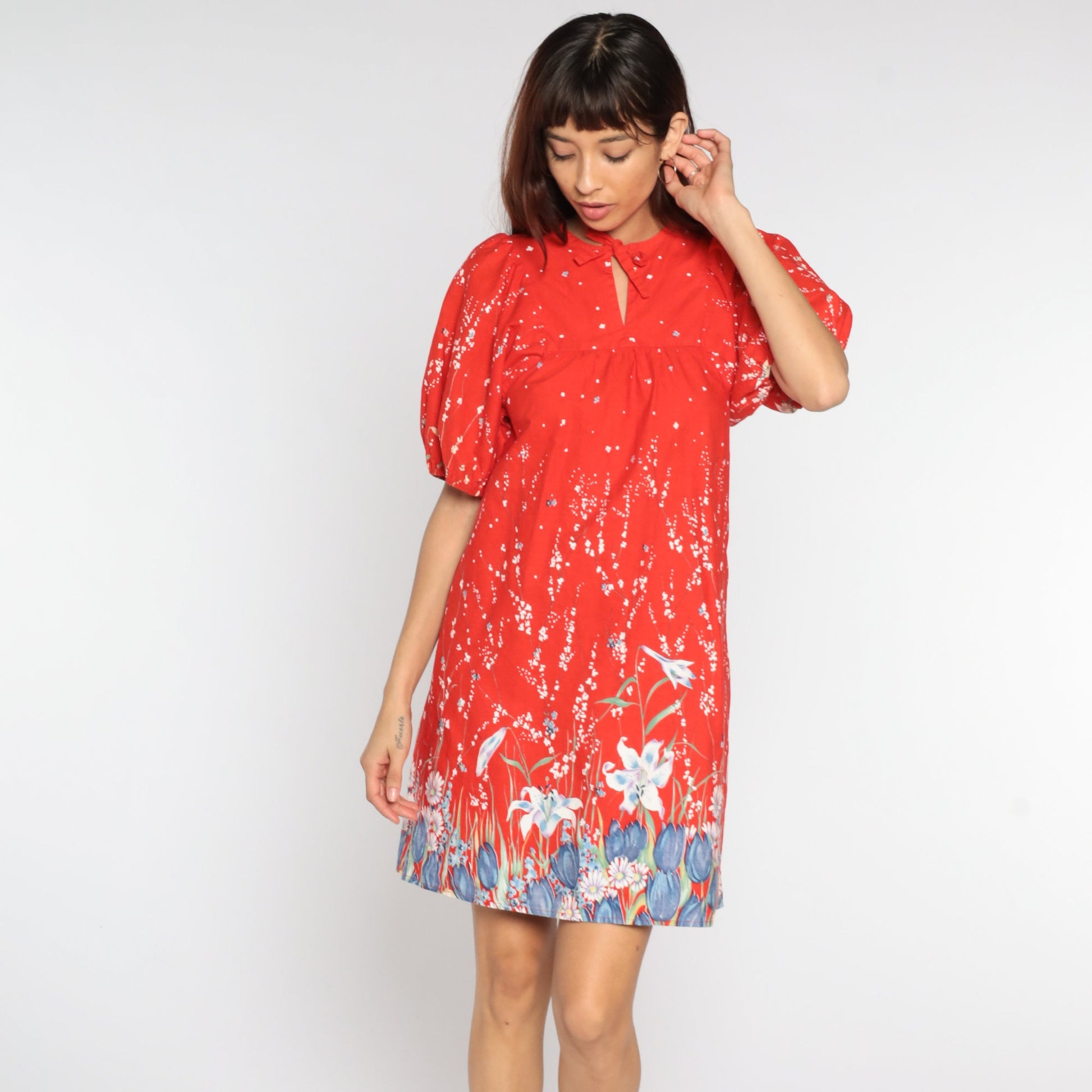 70s Floral Mini Dress Red Puff Sleeve Shift Keyhole Small