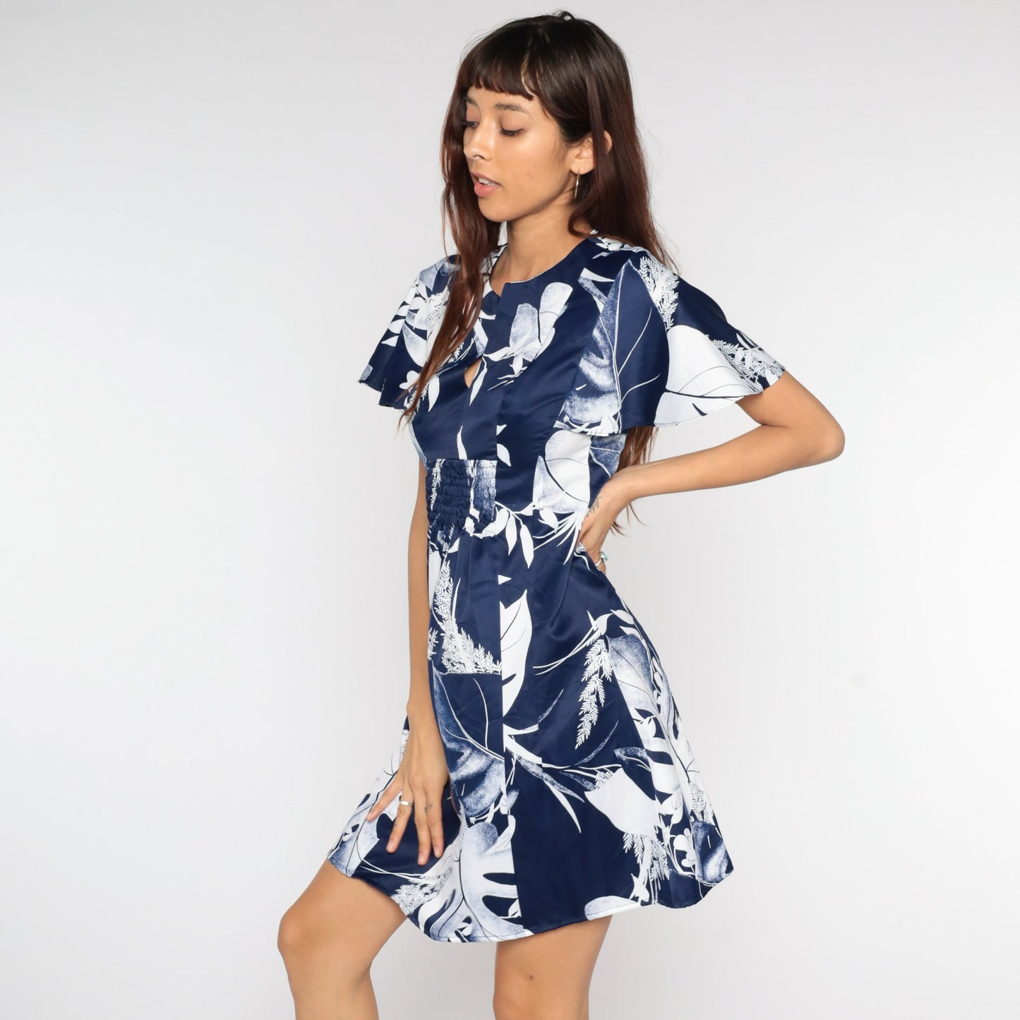 70s Babydoll Mini Dress Navy Leaf Print Empire Waist Flutter Sleeve Small