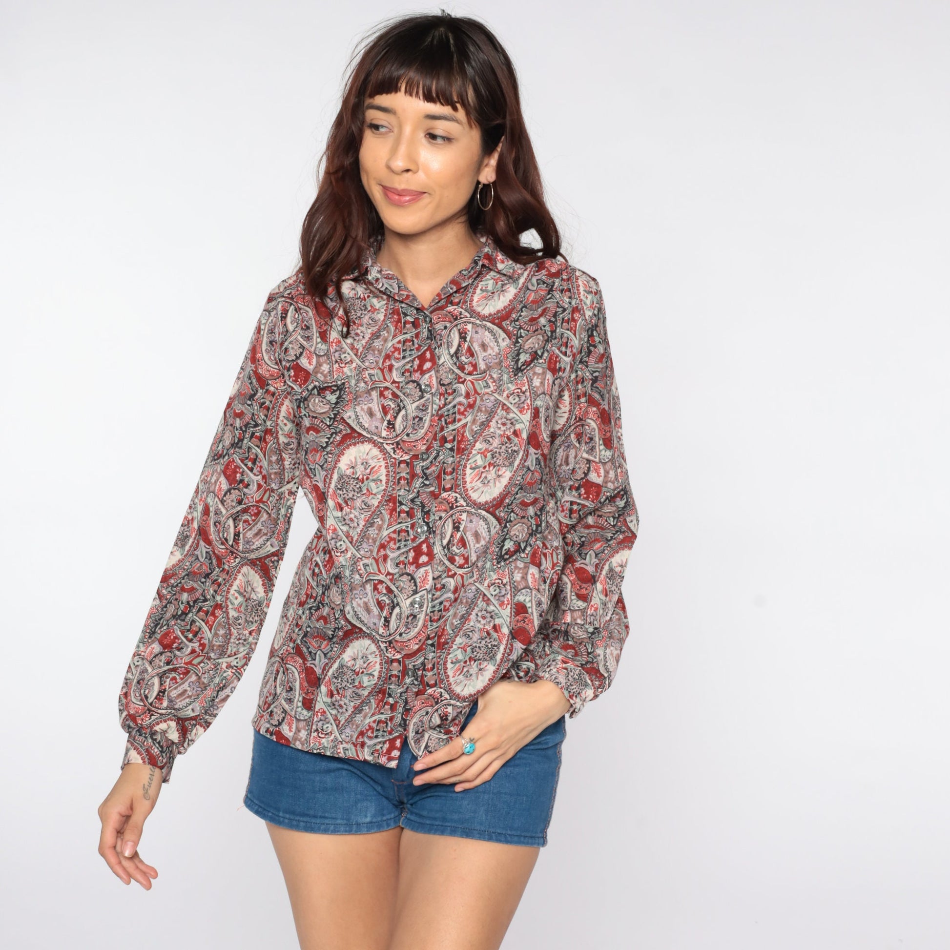 80s Paisley Button-Up Blouse Long Sleeve Psychedelic Print Medium