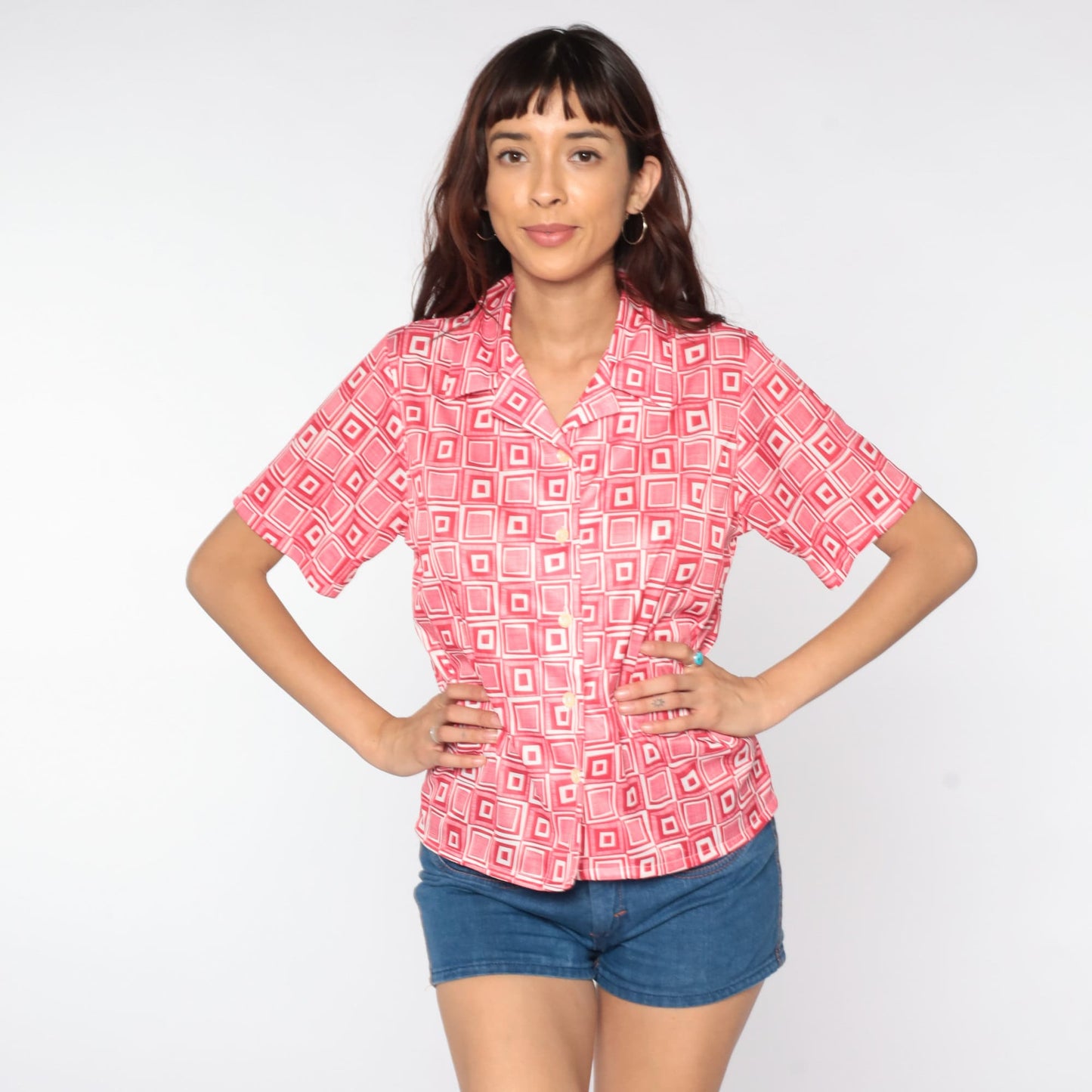 70s Geometric Print Button-Up Blouse Red White Psychedelic Collar Shirt Small