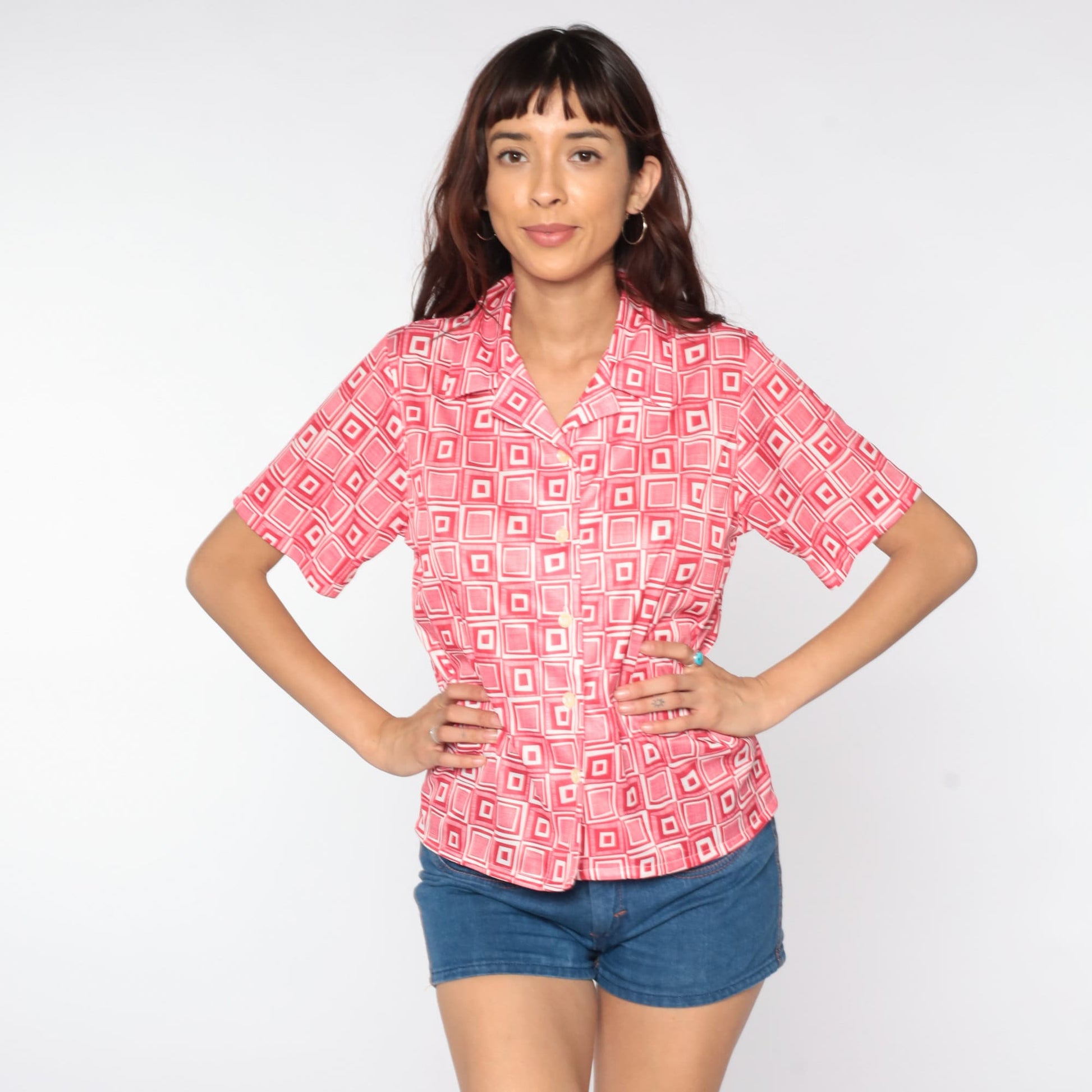 70s Geometric Print Button-Up Blouse Red White Psychedelic Collar Shirt Small