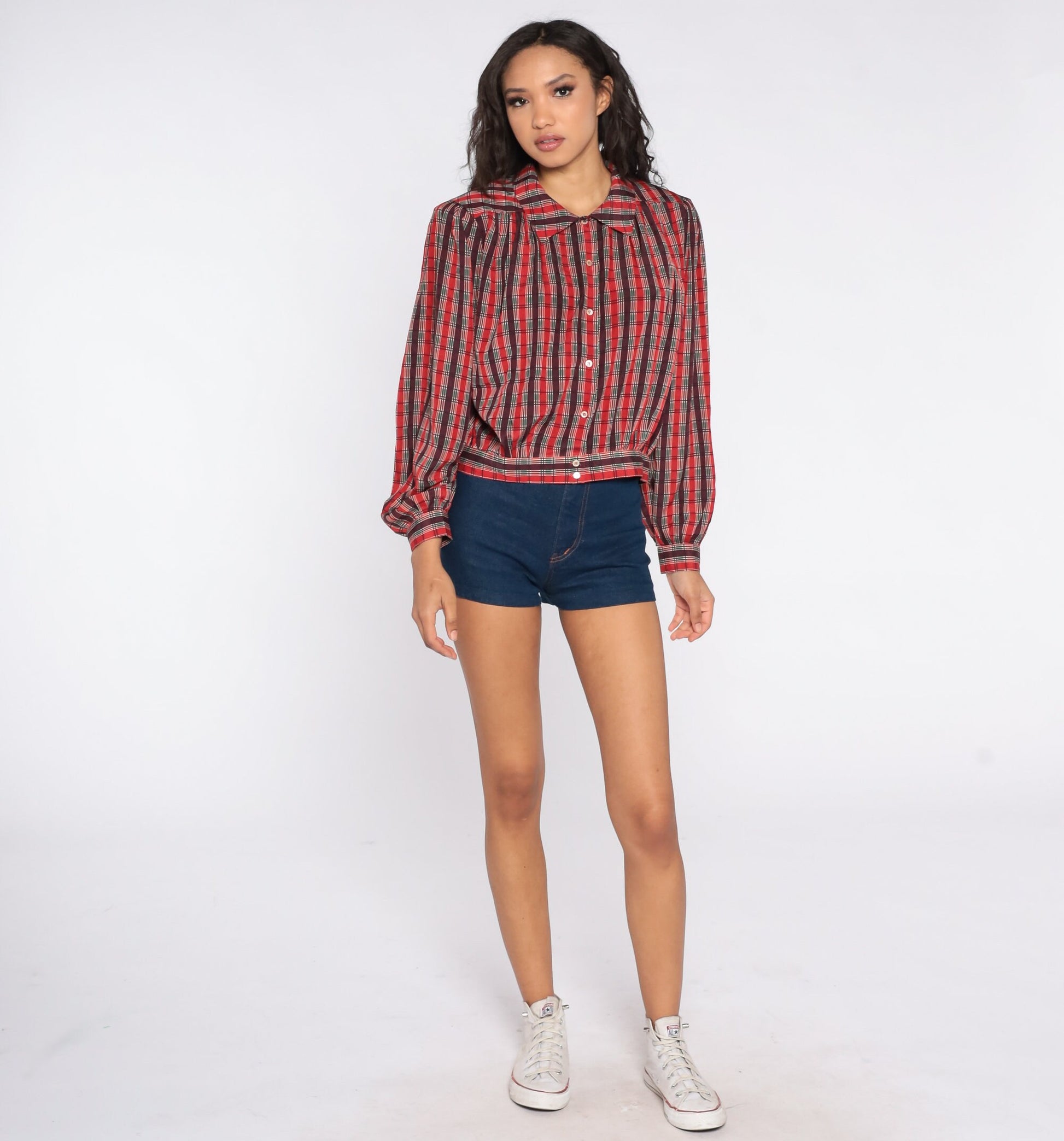 80s Liz Claiborne Plaid Blouse Puff Sleeve Button-Up Red Green Large