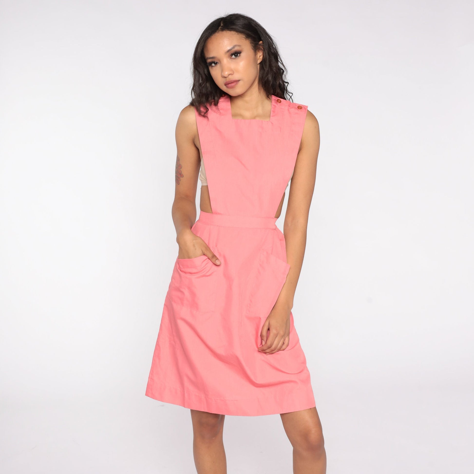 80s Pink Apron Jumper Dress Sleeveless High Waist Pockets Small
