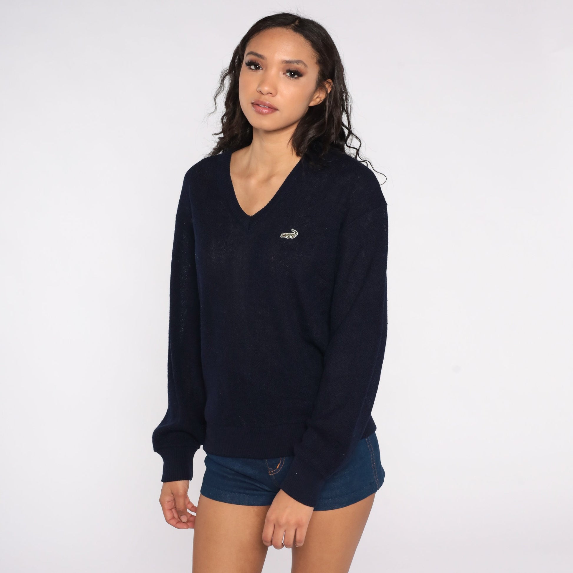 80s Navy Crocodile V-Neck Knit Sweater Slouchy Large L