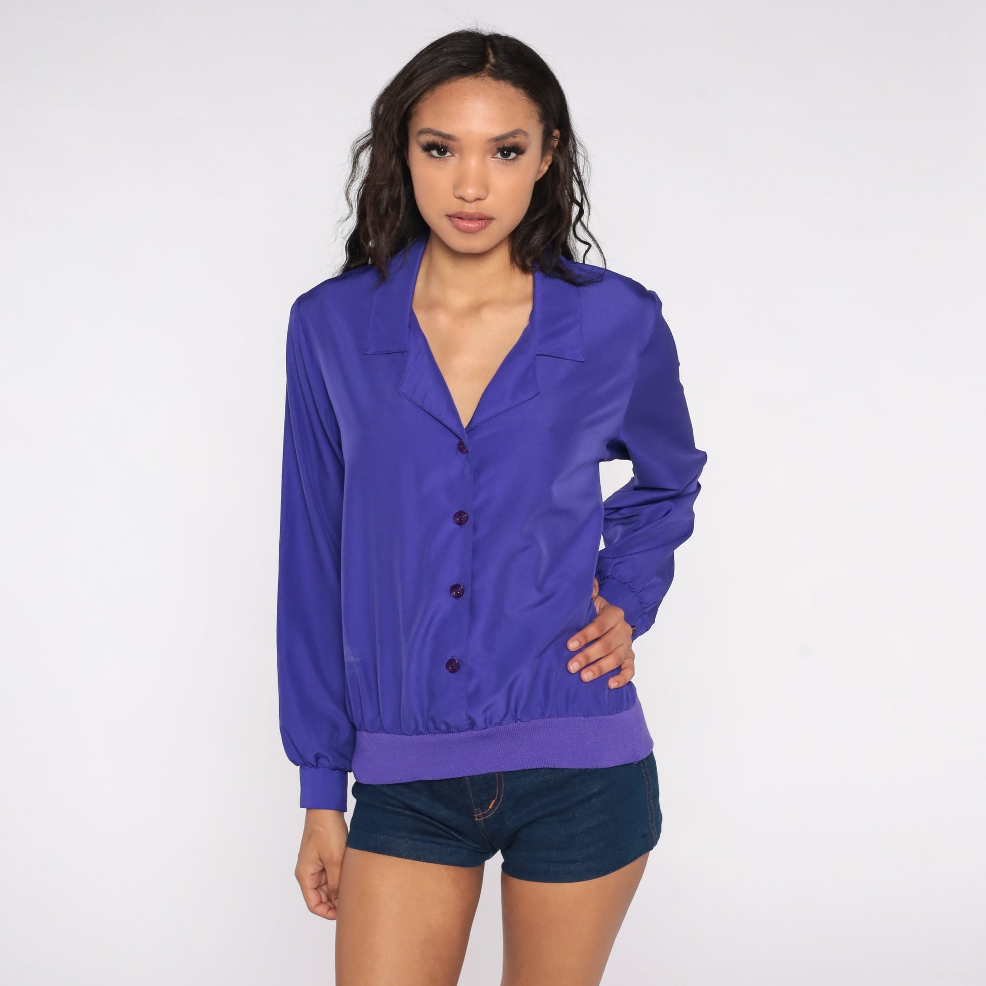 80s Purple Button-Up Blouse Long Sleeve Collared Shirt Medium