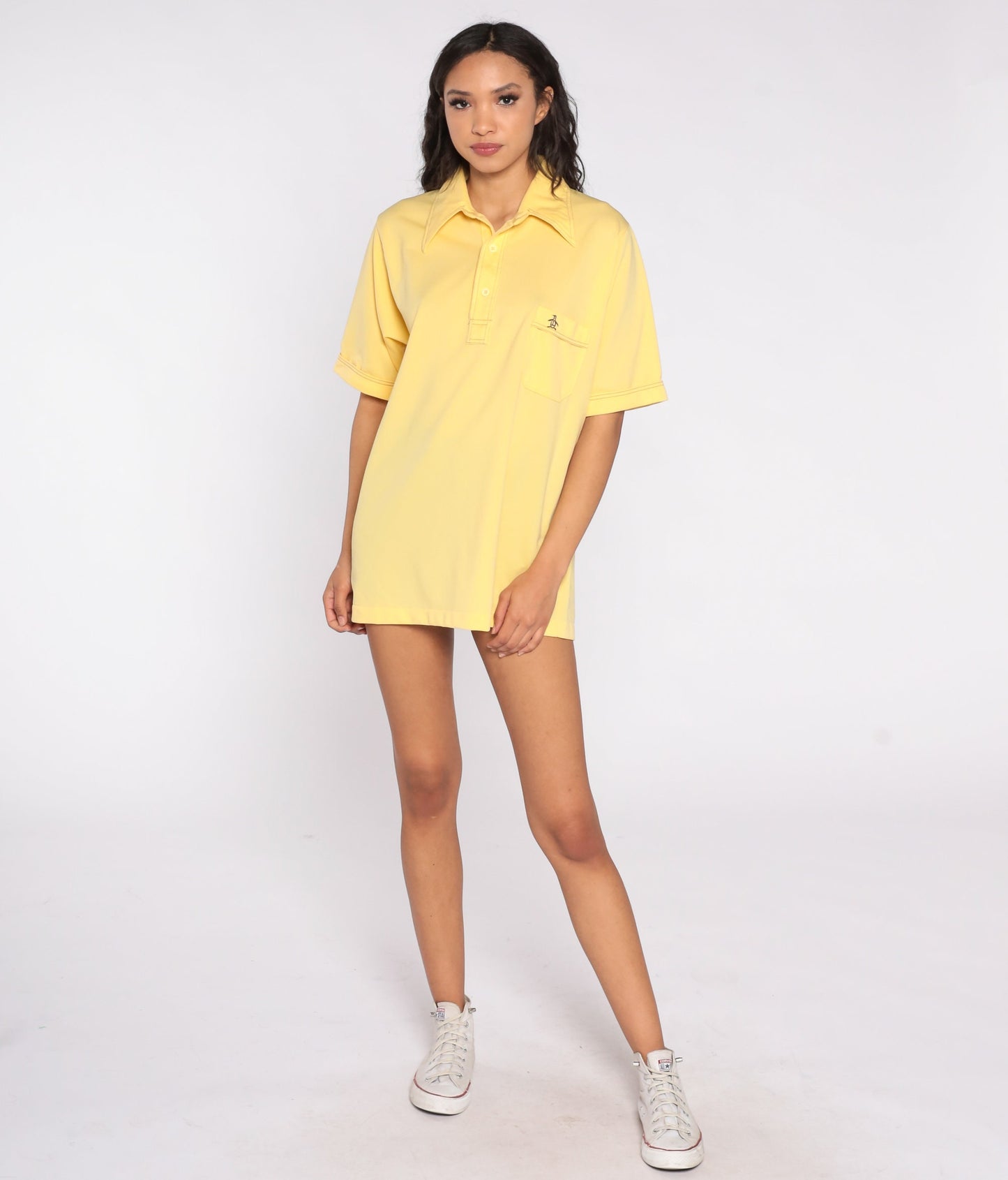 70s Munsingwear Penguin Polo Shirt Yellow Half-Button Collared Large