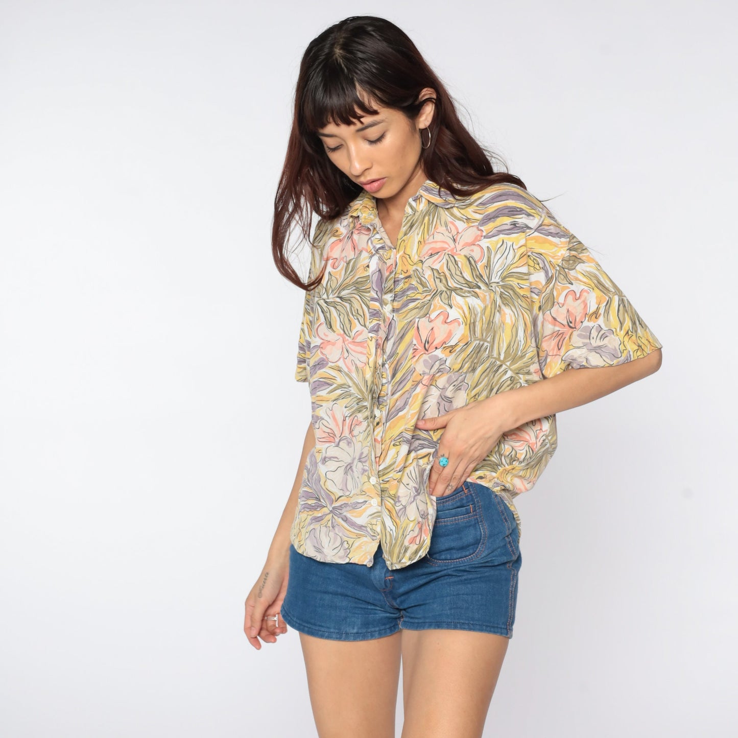 80s Tropical Floral Button-Up Shirt Yellow Pink Hawaiian Blouse Medium