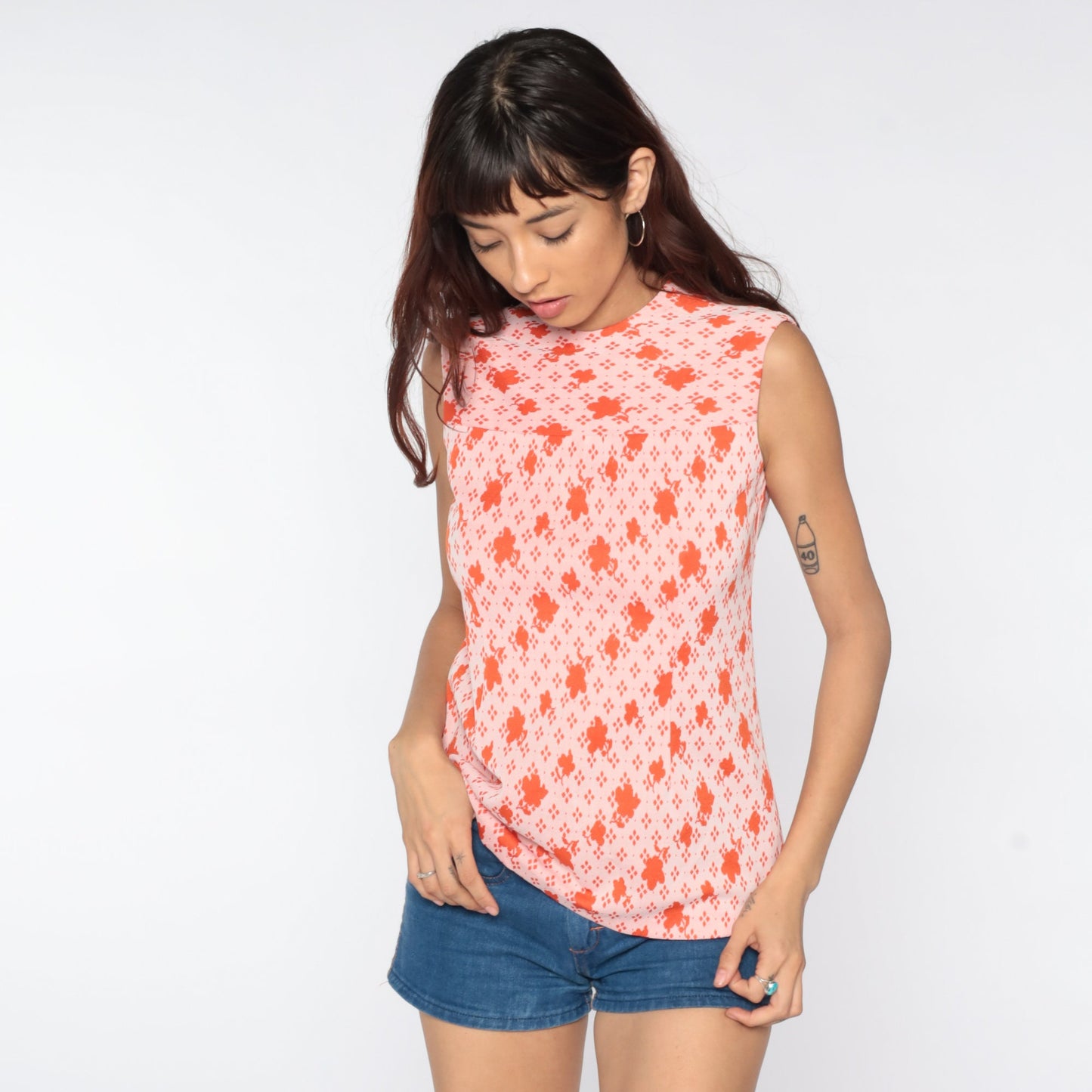 70s Orange Floral Abstract Tank Top Sleeveless Blouse Small