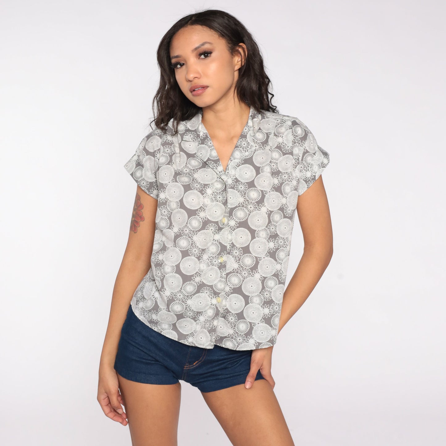 90s Spirograph Abstract Print Button Up Shirt Grey White Medium