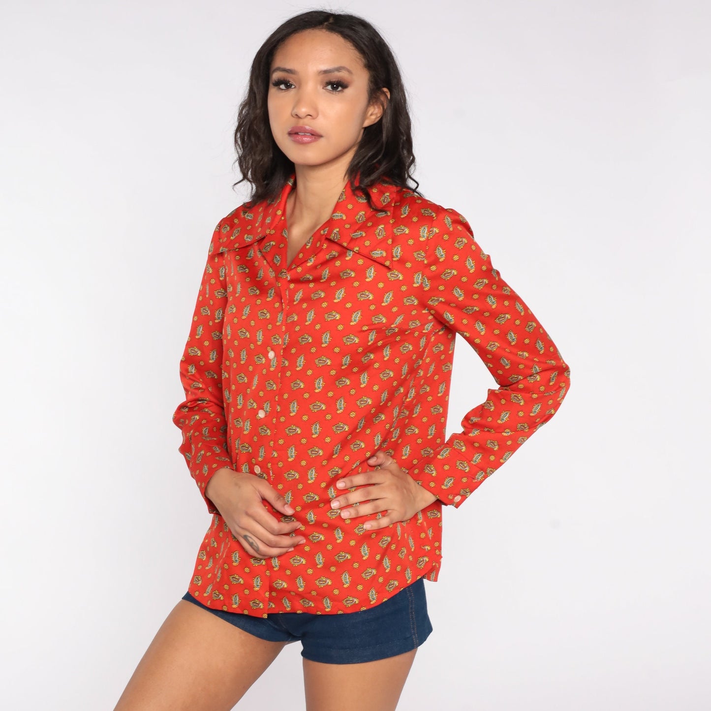 70s Paisley Print Dagger Collar Blouse Red-Orange Long Sleeve Medium