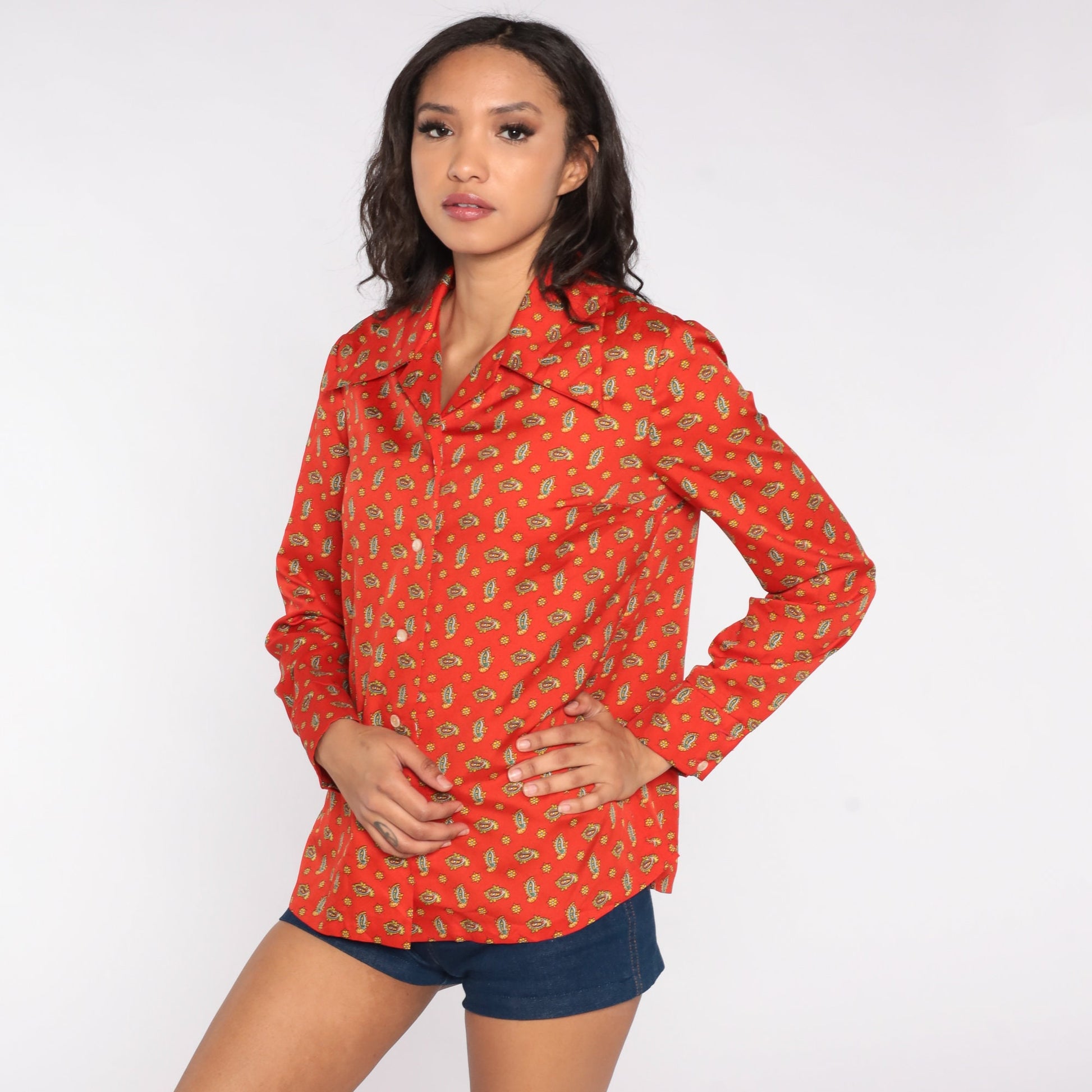 70s Paisley Print Dagger Collar Blouse Red-Orange Long Sleeve Medium