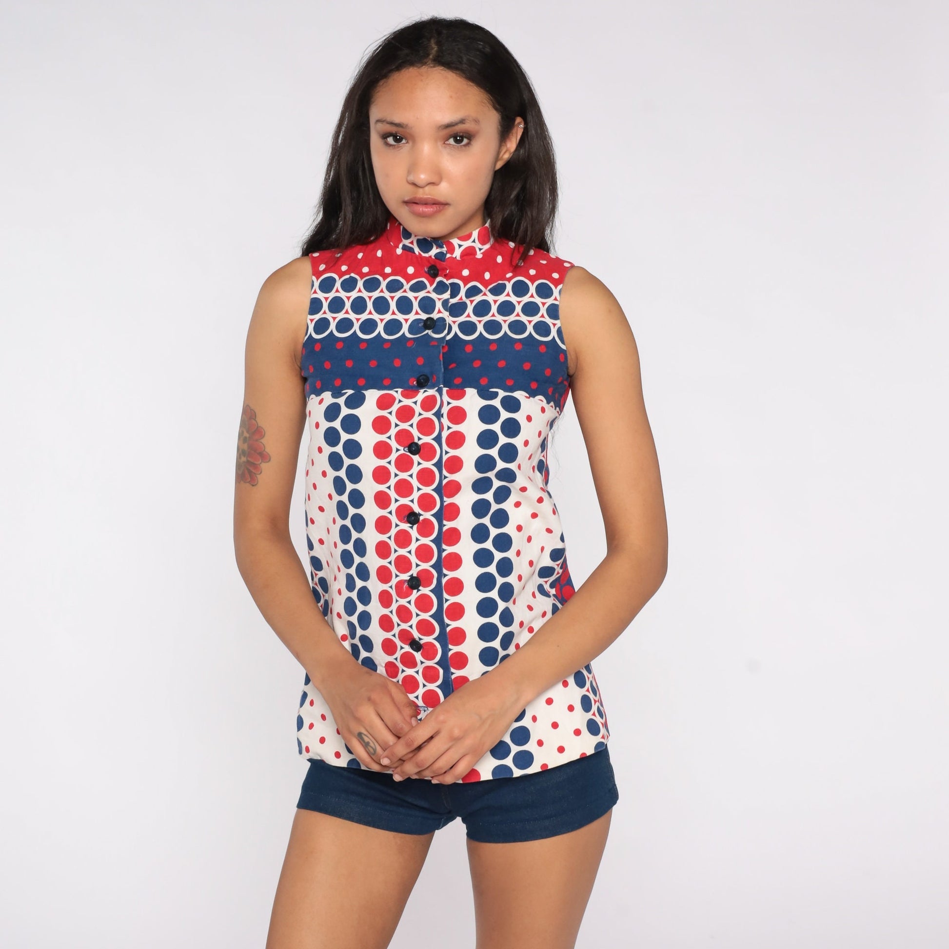 60s Mod Tank Top Polka Dot High Neck Button Front Red White Blue Extra Small XS