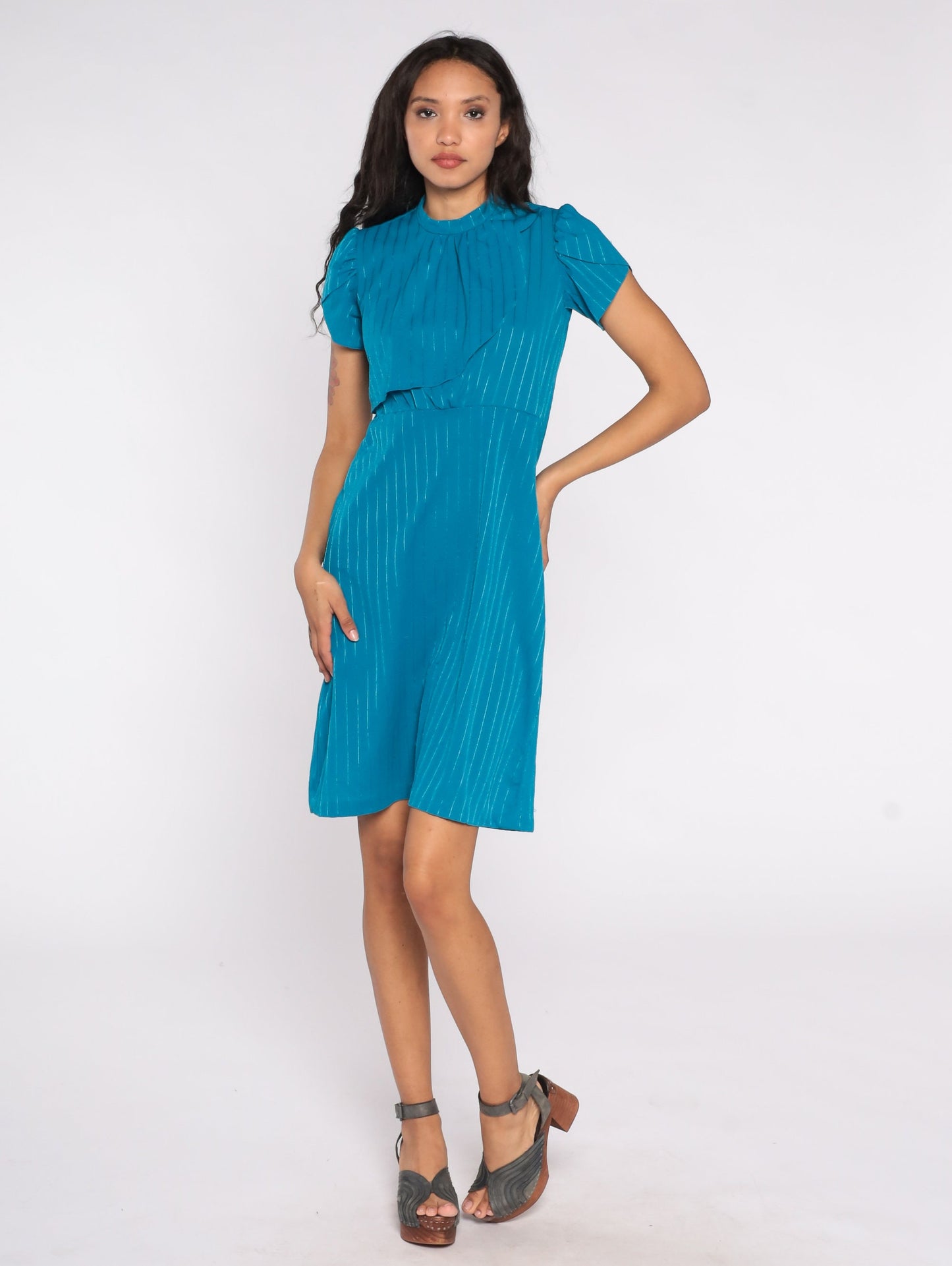 80s Blue Striped Puff Sleeve Dress Knee Length High Waist Small