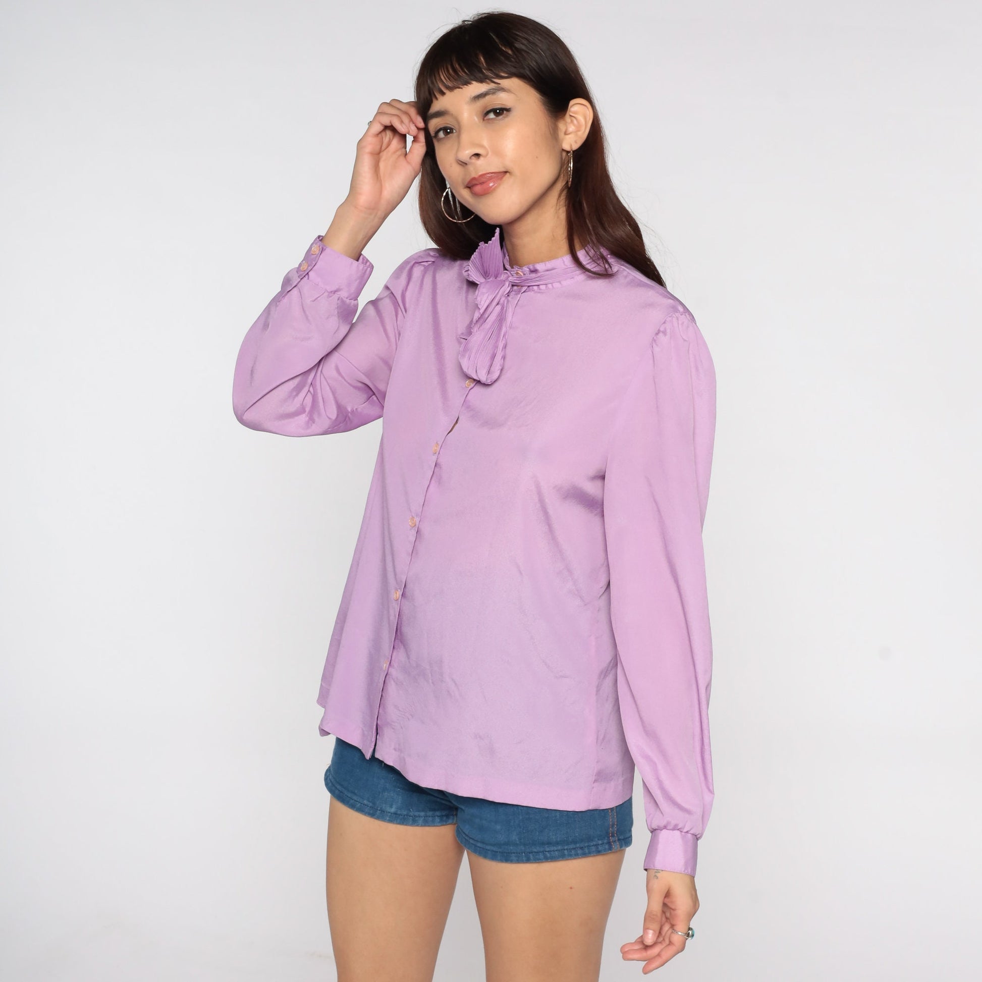 80s Purple Necktie Blouse Puff Sleeve Button Up Ruffle Collar Medium