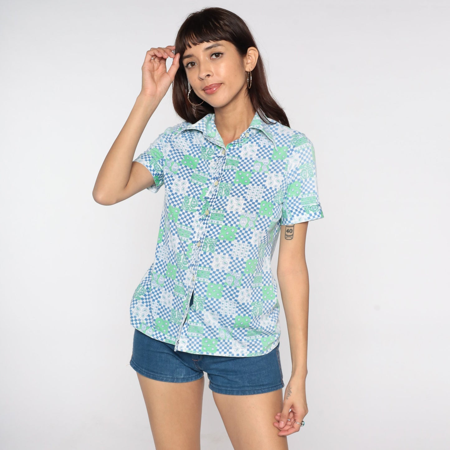 70s Checkered Paisley Floral Button Up Shirt Dagger Collar Blue Small
