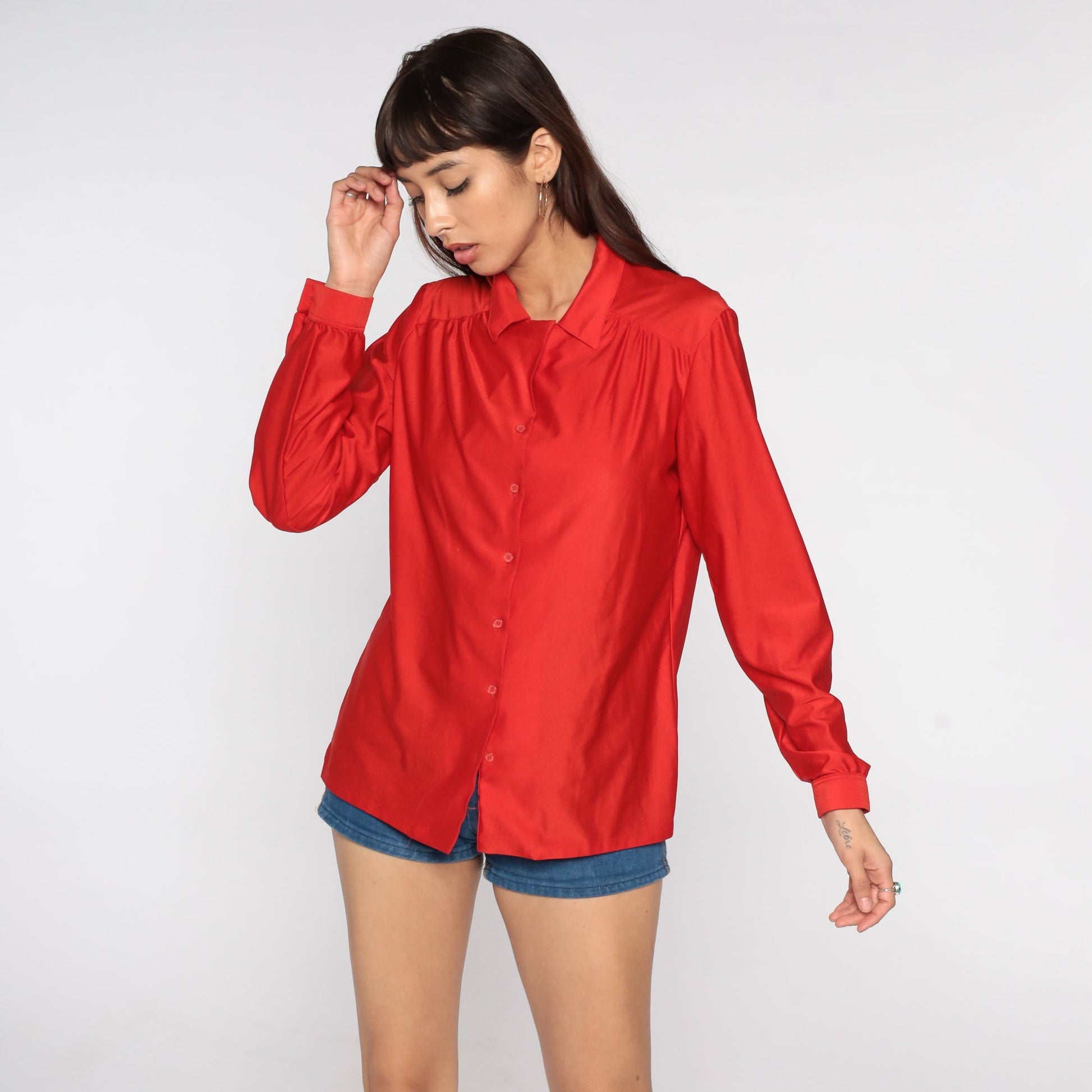 80s Red Shiny Button-Up Blouse Long Sleeve Collared Shirt Medium Large