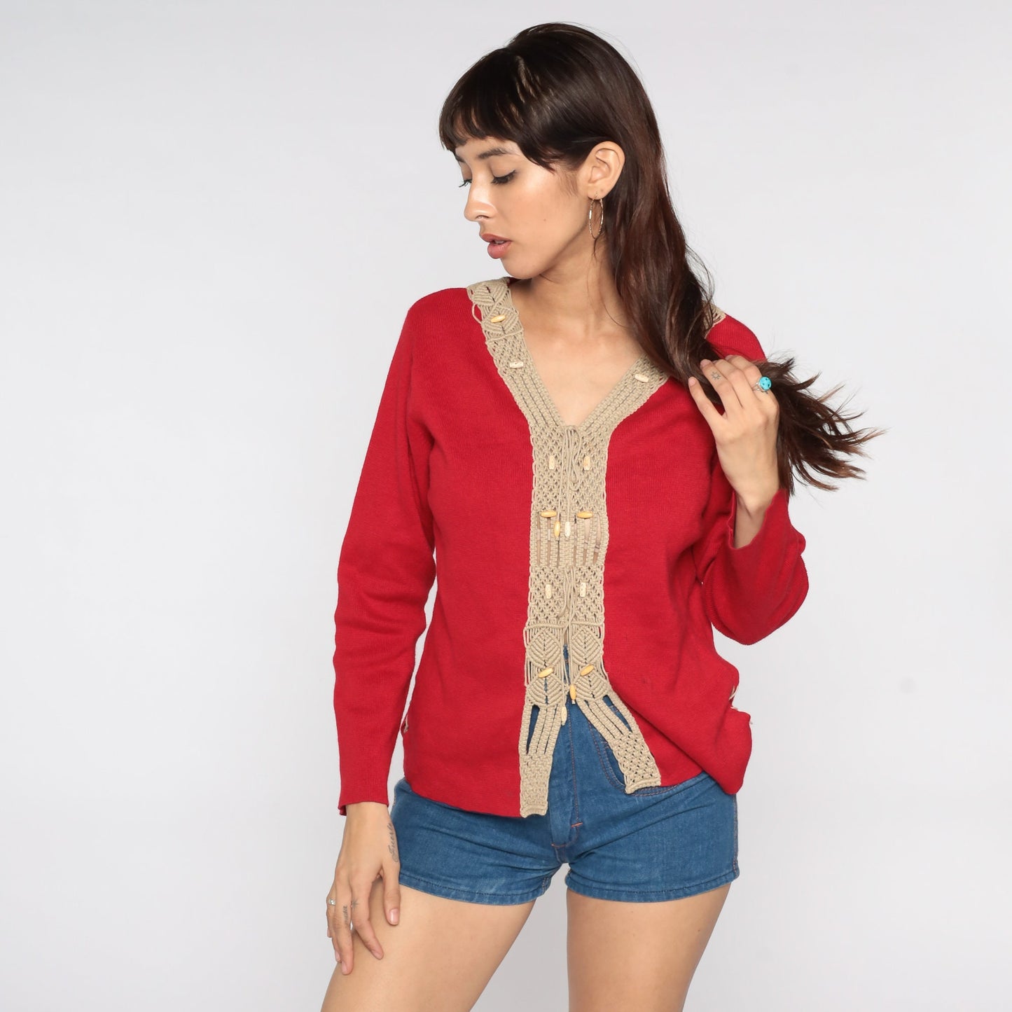 80s Red V-Neck Sweater with Macrame Trim Knit Pullover Large L