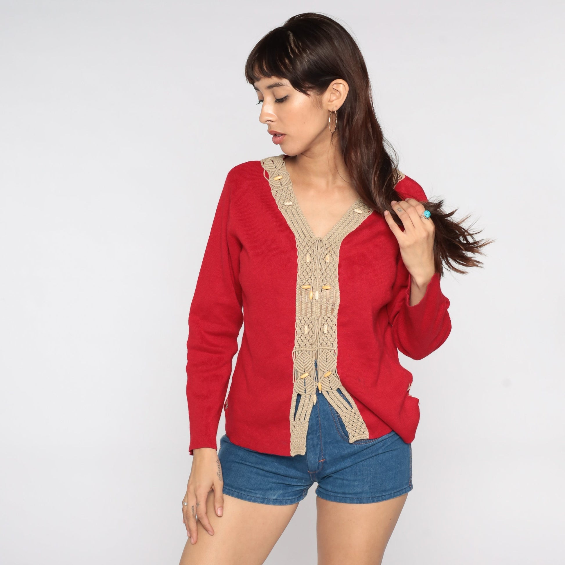 80s Red V-Neck Sweater with Macrame Trim Knit Pullover Large L