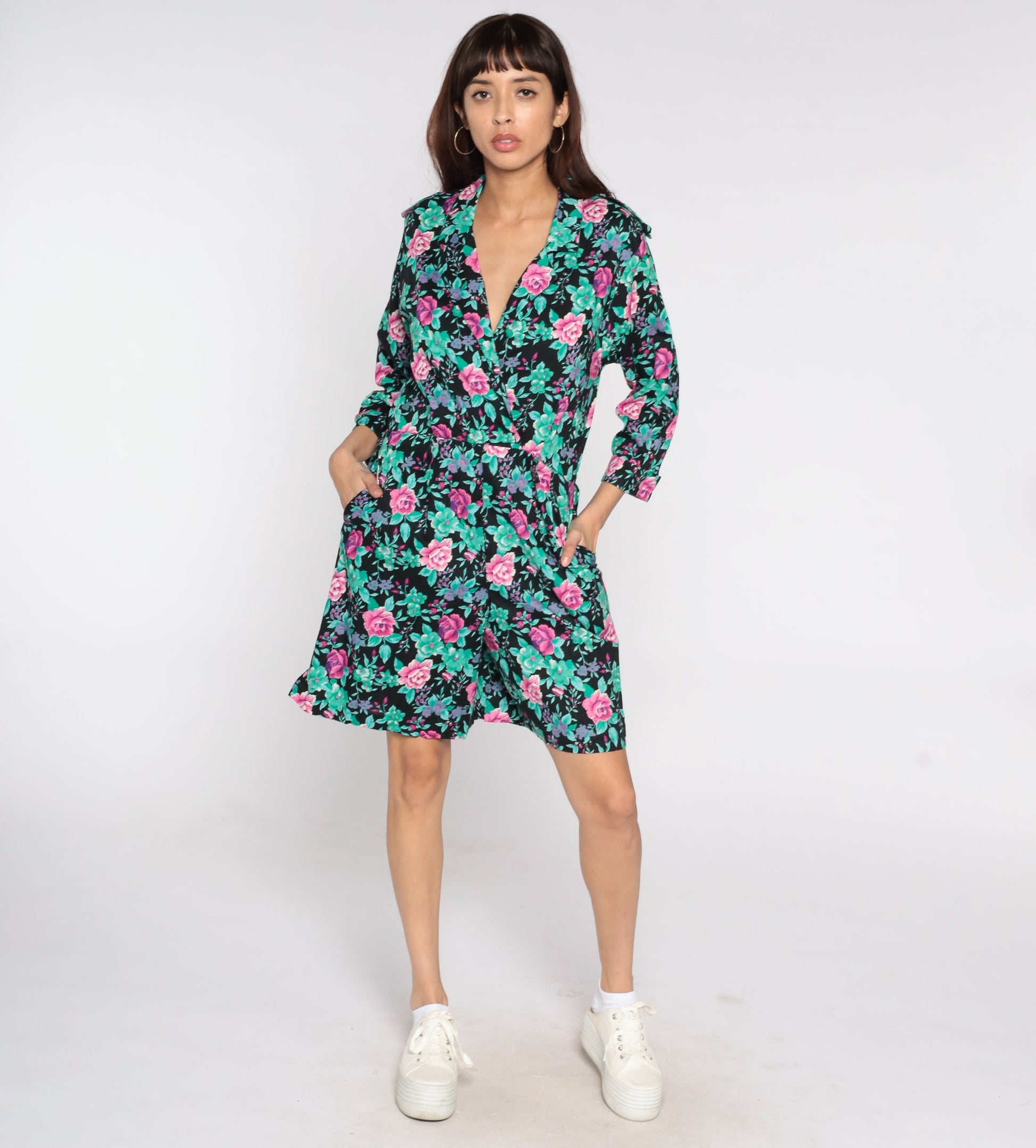 80s Floral Wrap Dress Black Pink Green Purple Mini High Waisted Small