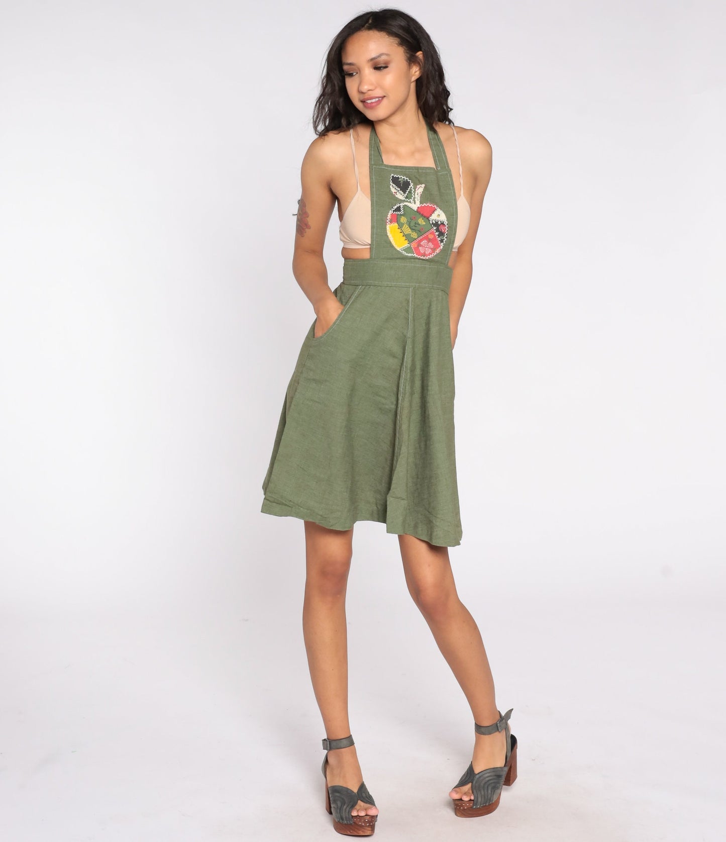 70s Green Patchwork Apple Halter Apron Dress Cotton Extra Small