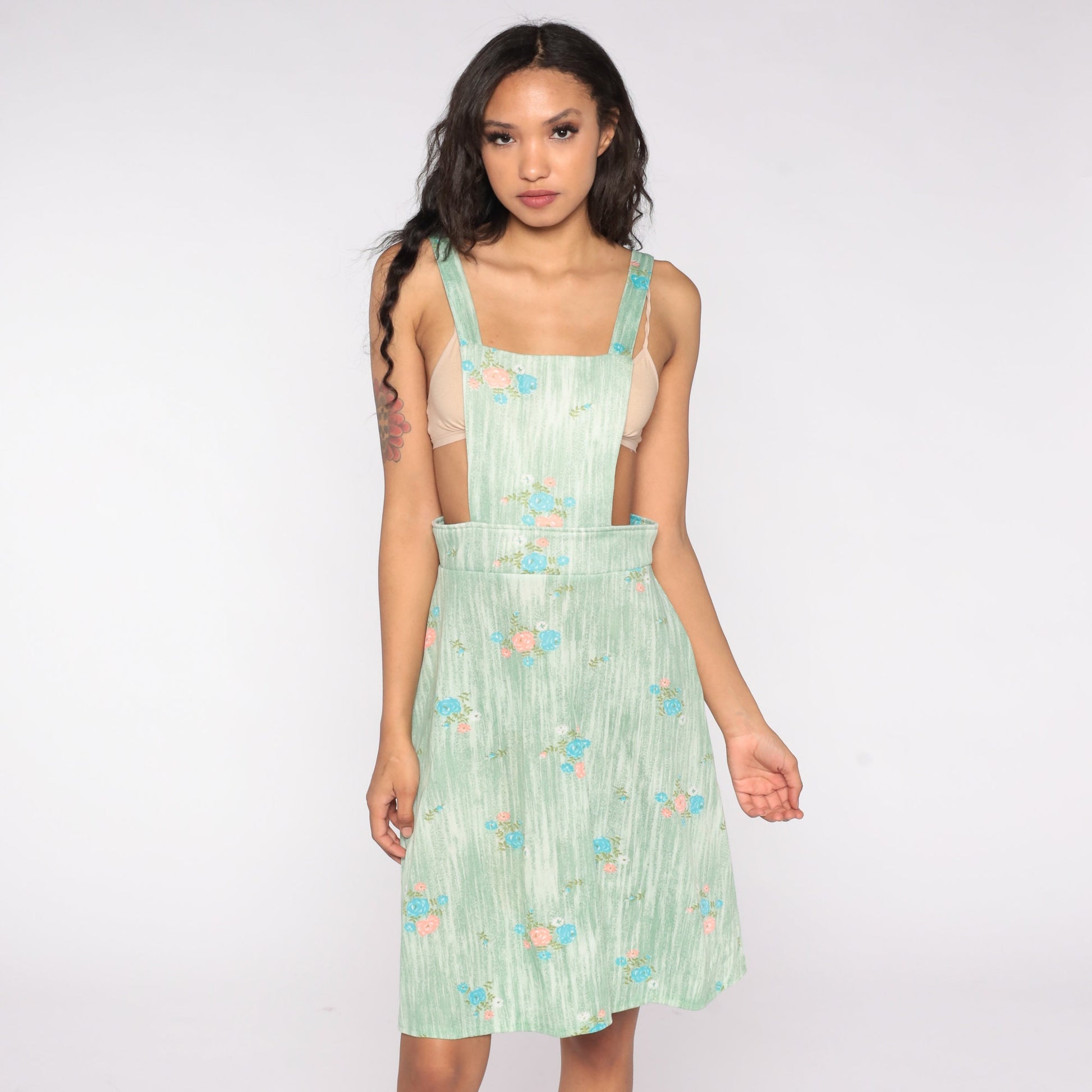 70s Green Floral Apron Dress Midi Pinafore Small