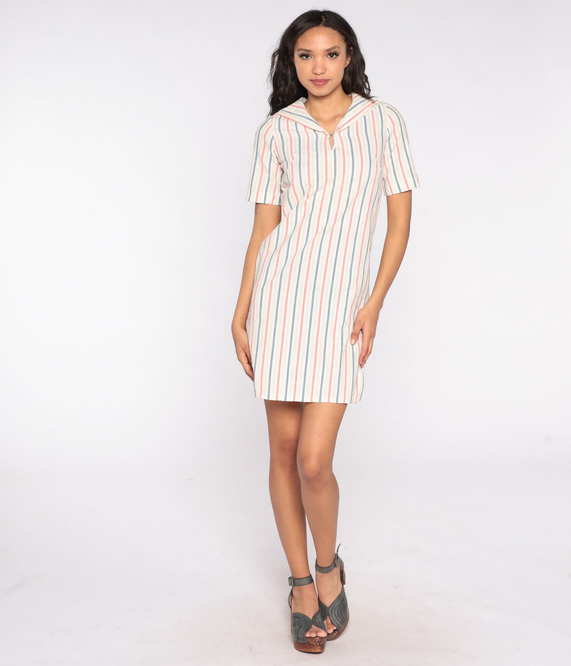 70s Striped Sailor Collar Mini Dress Short Sleeve Shift Nautical Extra Small XS
