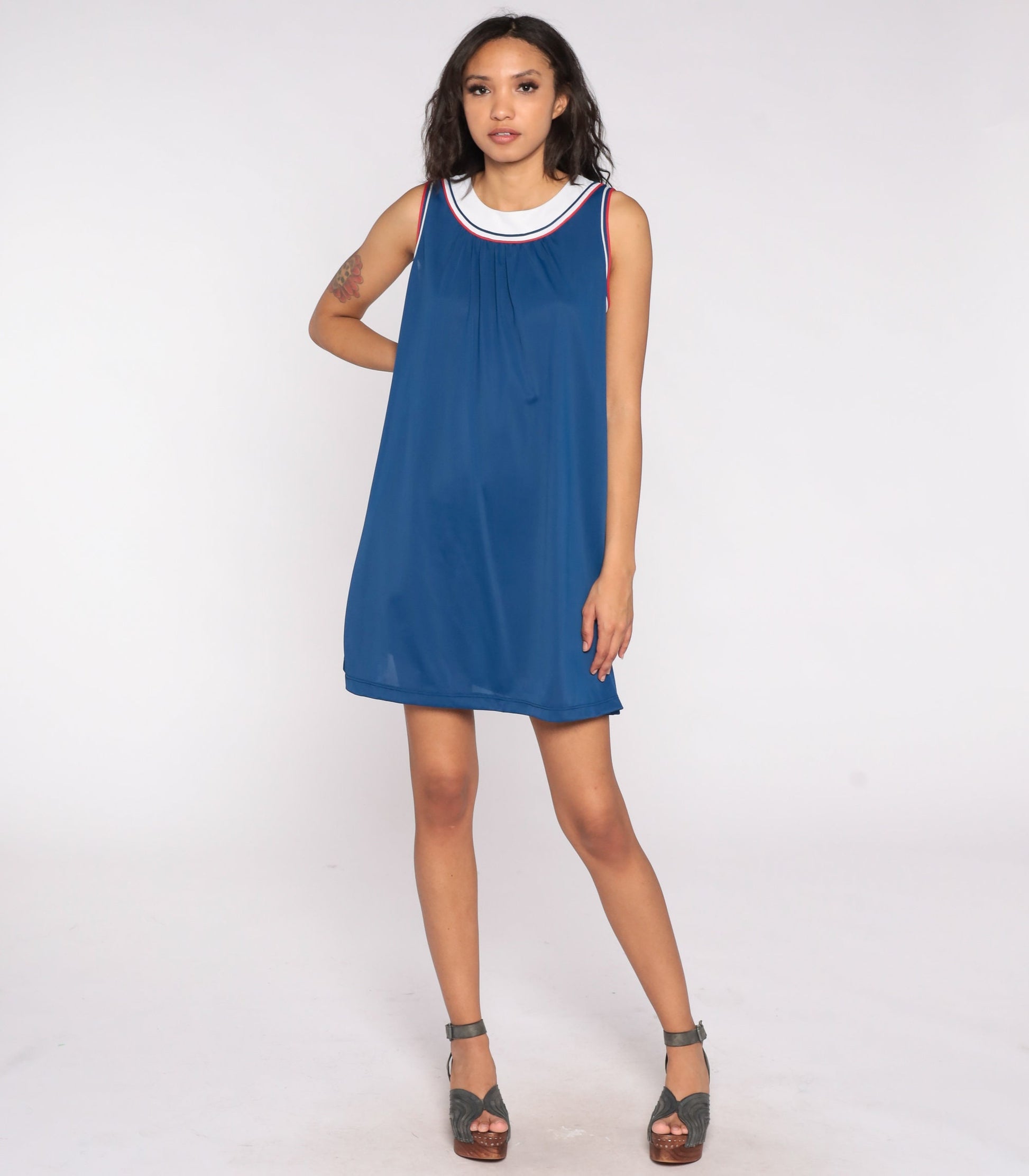 70s Blue Striped Nightgown Sleeveless Mini Lounge Dress Keyhole Back Large