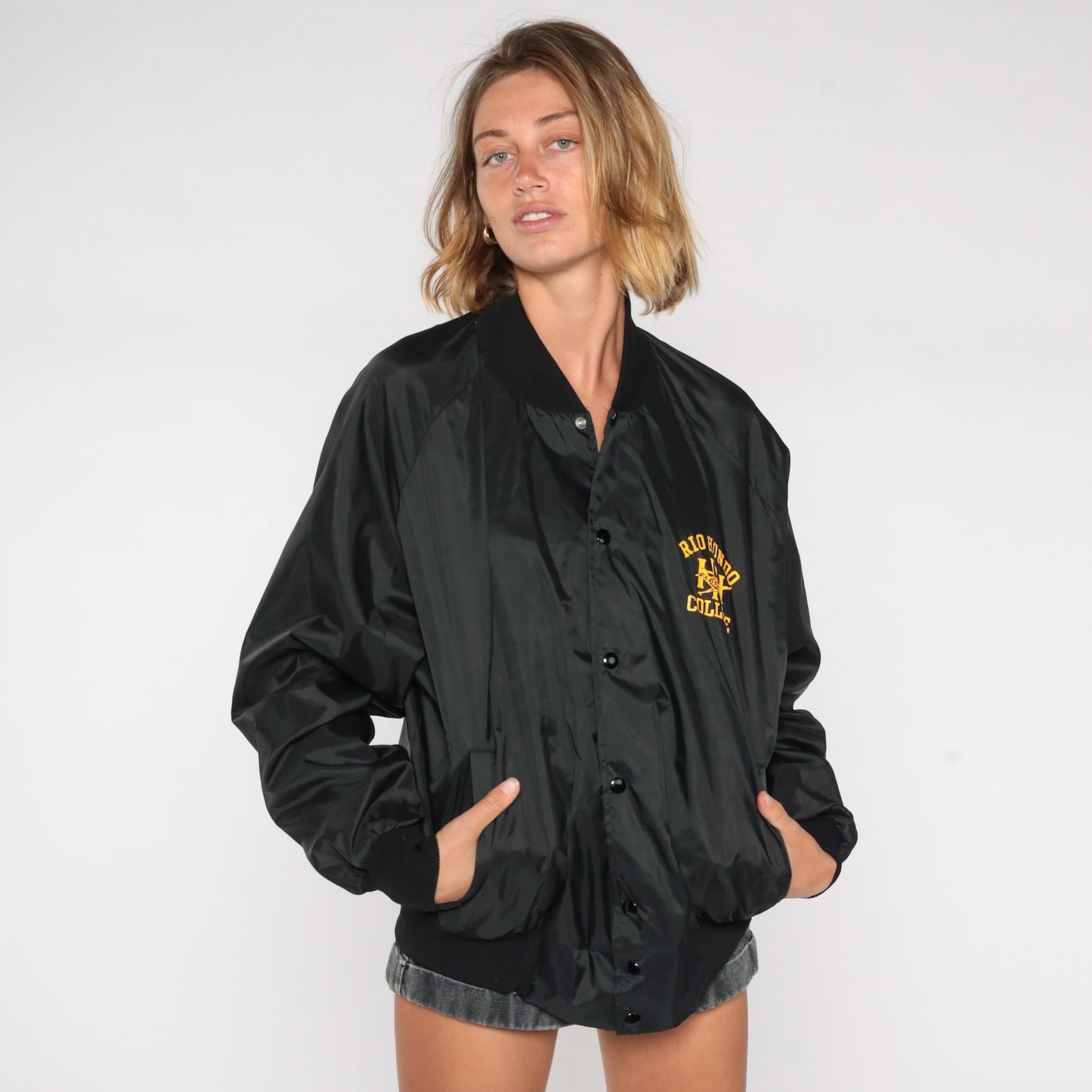 80s Rio Hondo College Speech Team Bomber Jacket Black Nylon Extra Large XL