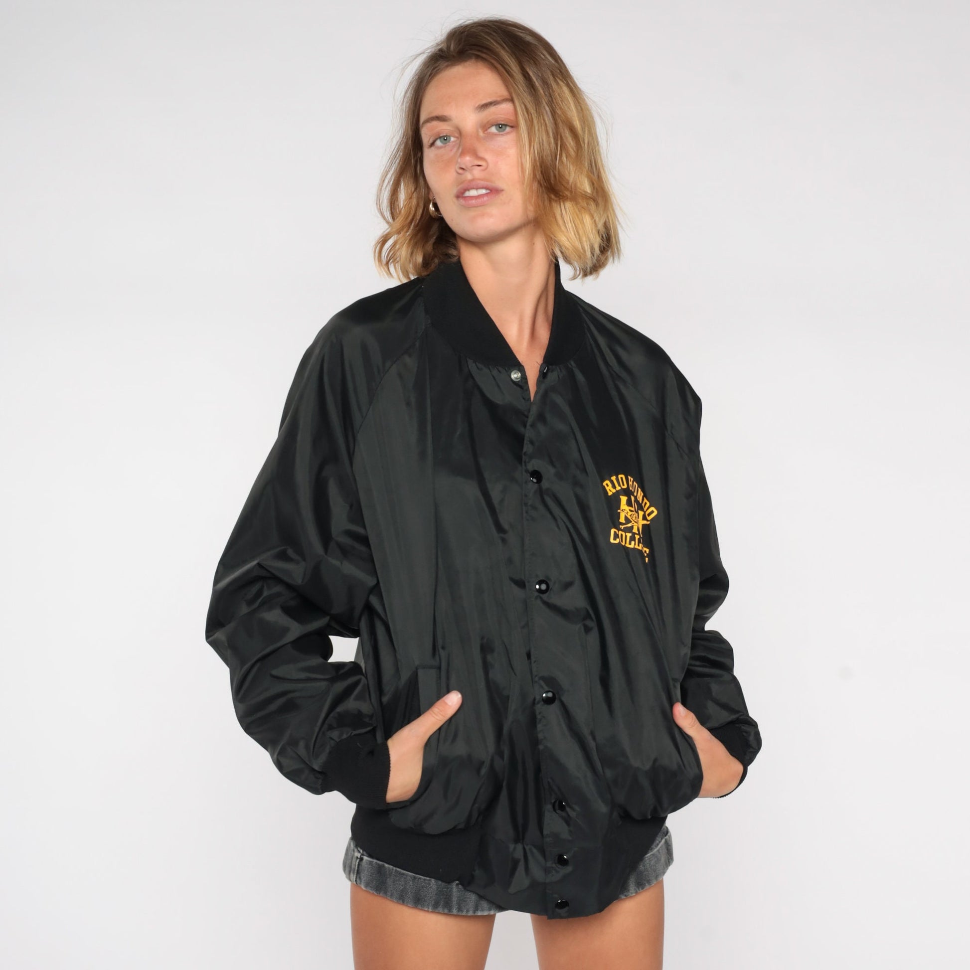 80s Rio Hondo College Speech Team Bomber Jacket Black Nylon Extra Large XL
