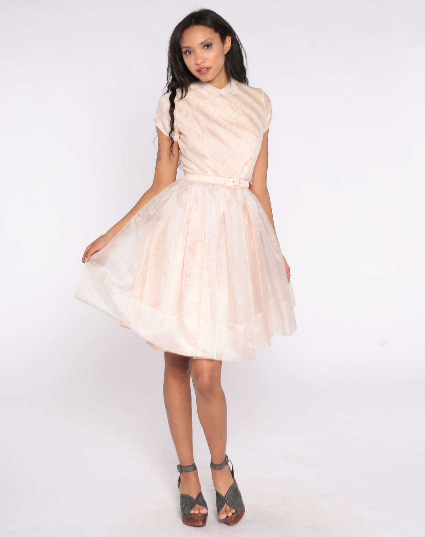 60s Baby Pink Party Dress Peter Pan Collar Full Skirt High Waisted Extra Small