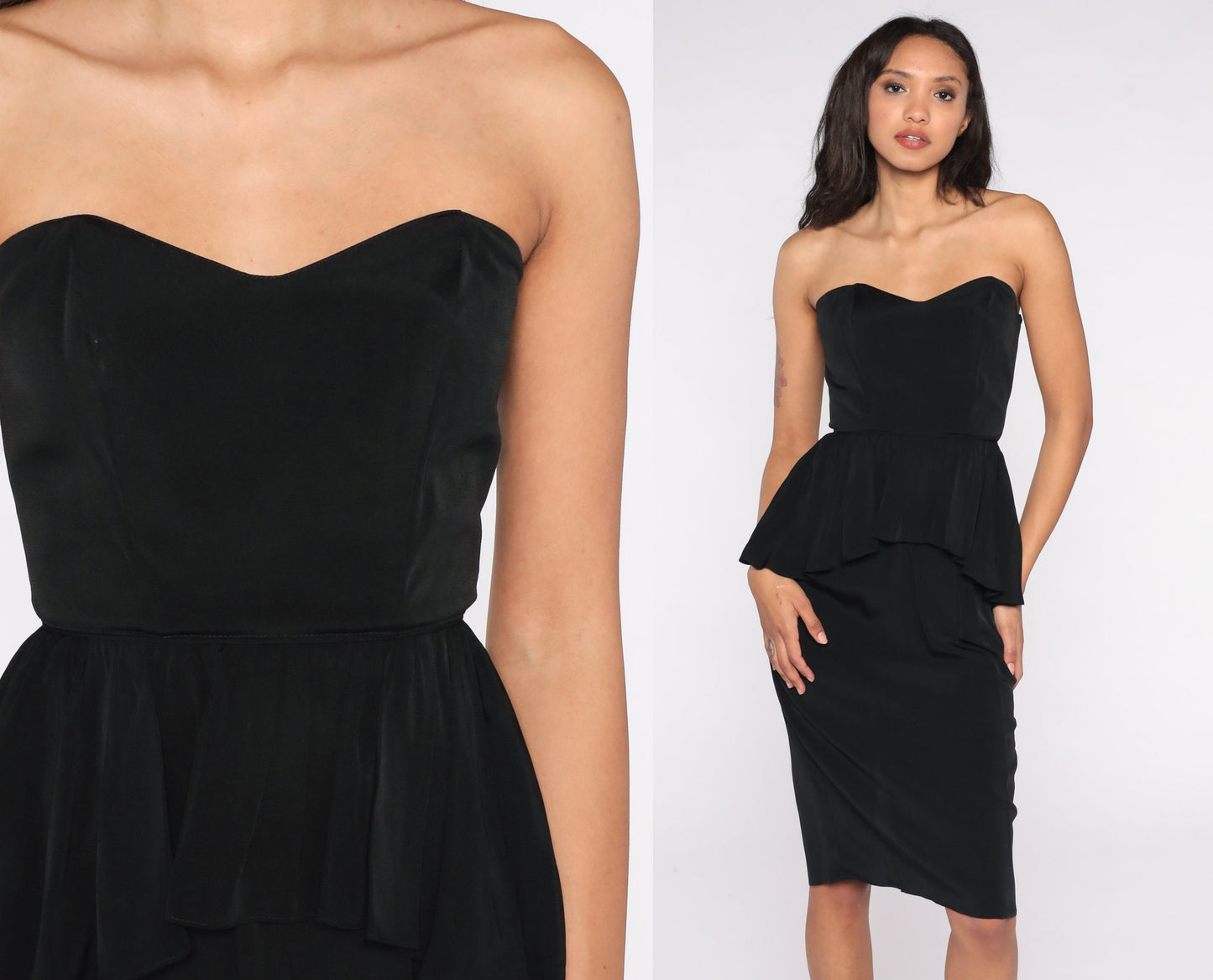 80s Black Strapless Midi Dress Sweetheart Neckline Peplum Extra Small