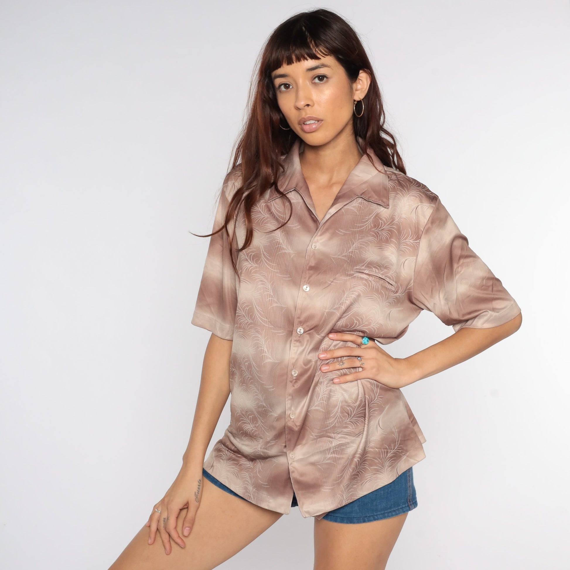 70s Striped Button-Up Shirt Feather Print Disco Collared Blouse Large L
