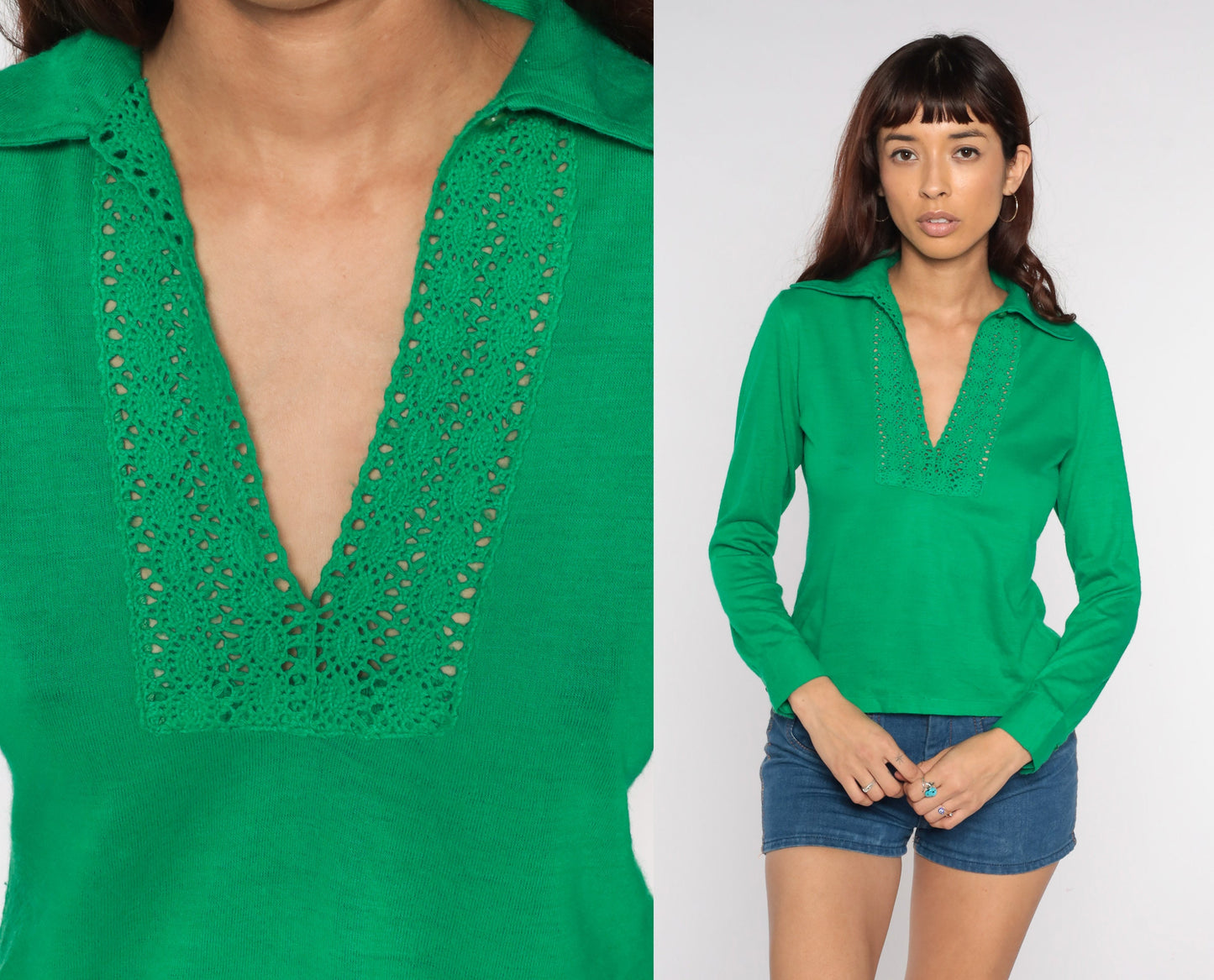 70s Green Collared Blouse Crochet Trim V Neck Long Sleeve Small